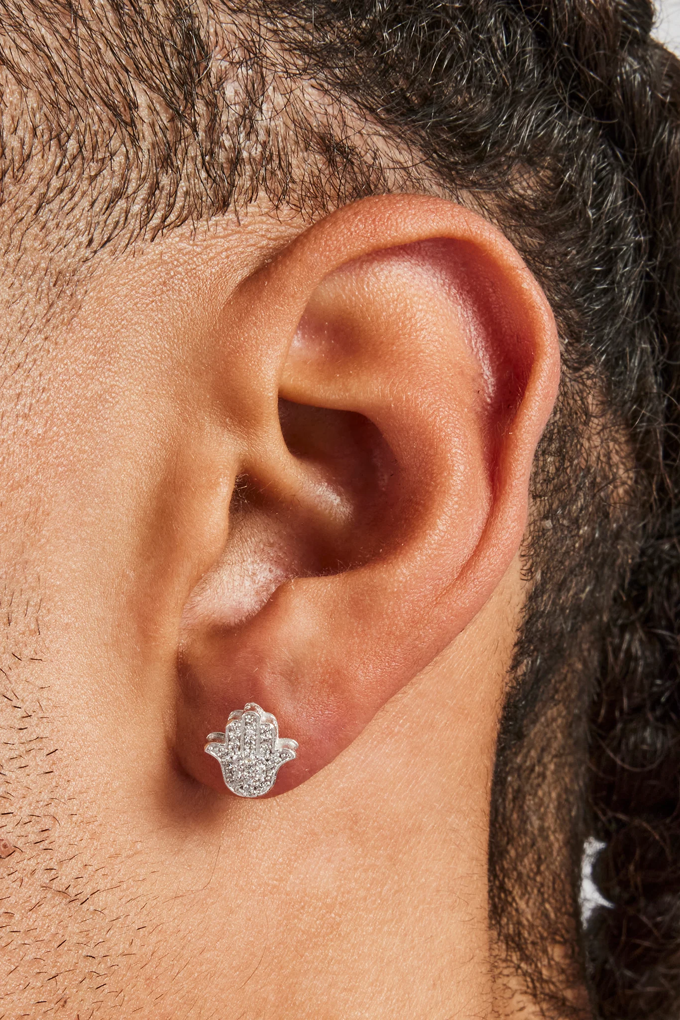10mm Iced Hamsa Hand Stud Earrings - White - Image 2