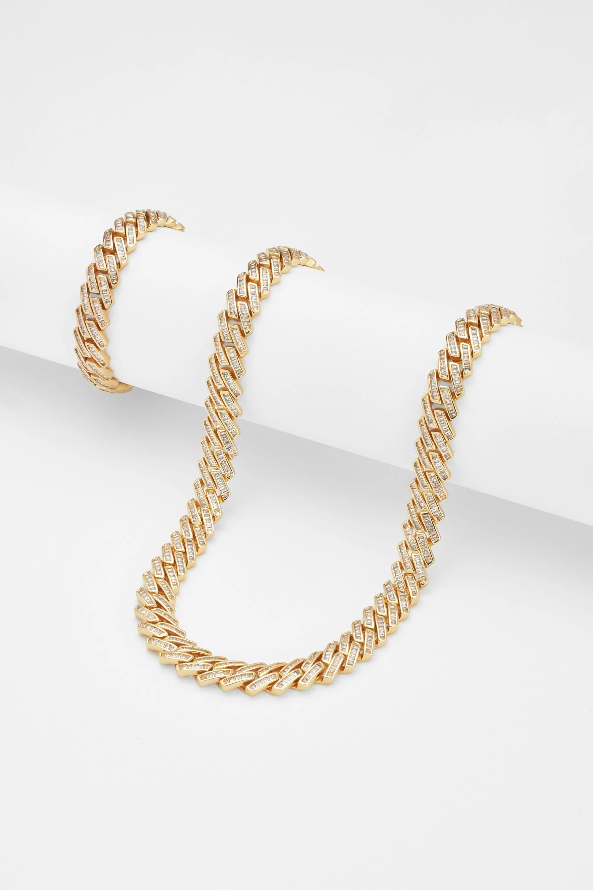 12mm Baguette Prong Cuban Chain + Bracelet Bundle - Gold