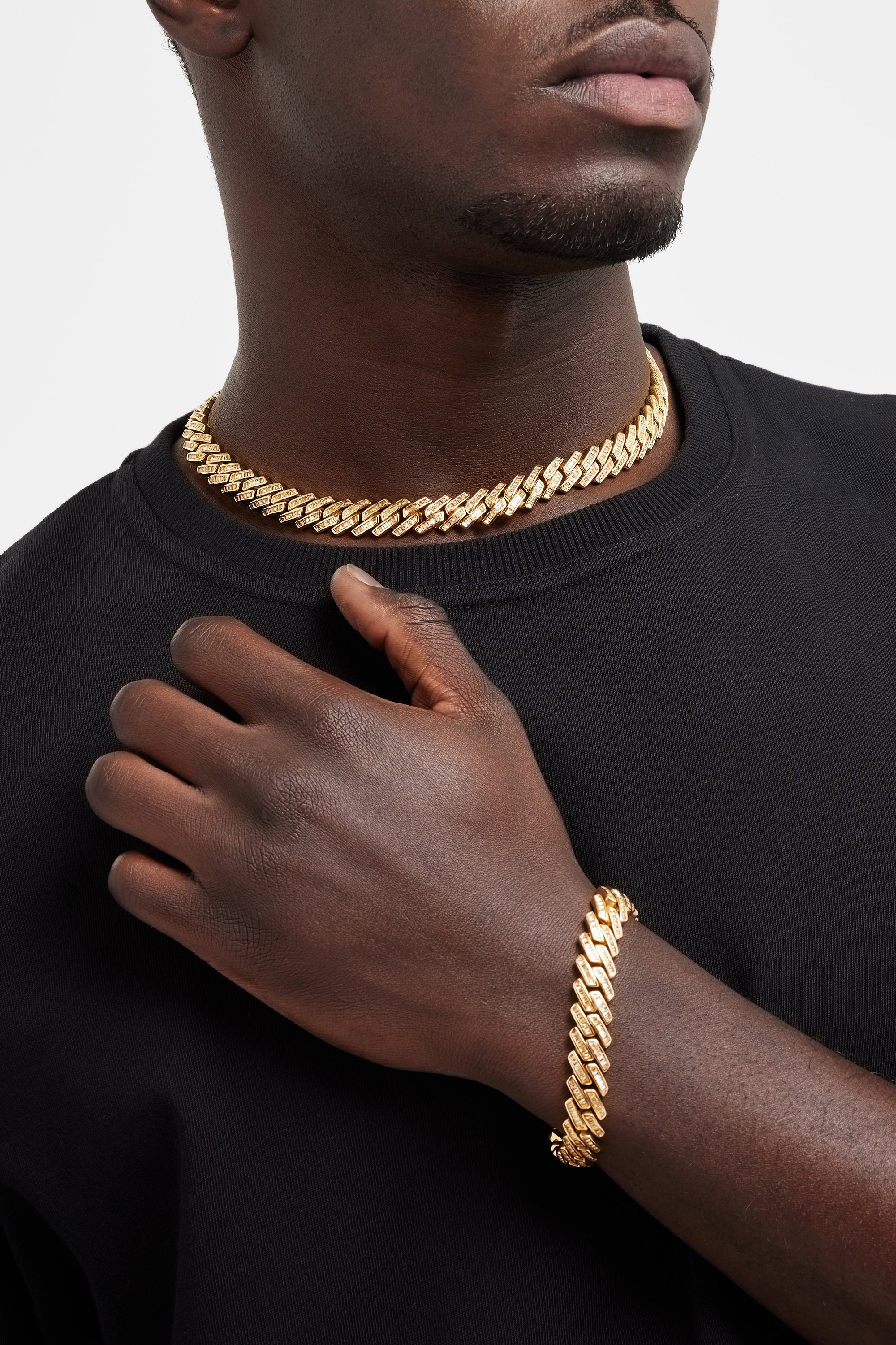 12mm Baguette Prong Cuban Chain + Bracelet Bundle - Gold - Image 2
