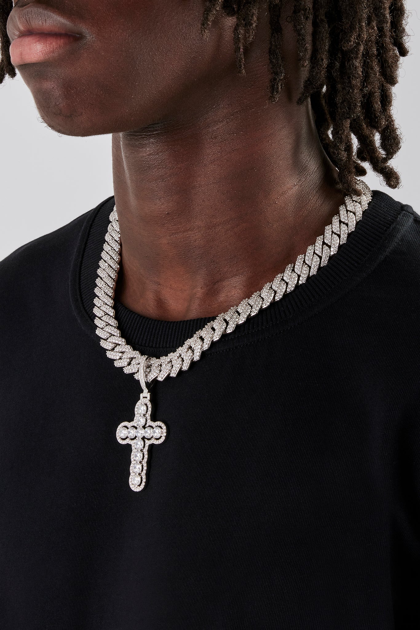 14mm Prong Cuban Chain & Iced Round Stone Cross Pendant - Image 3