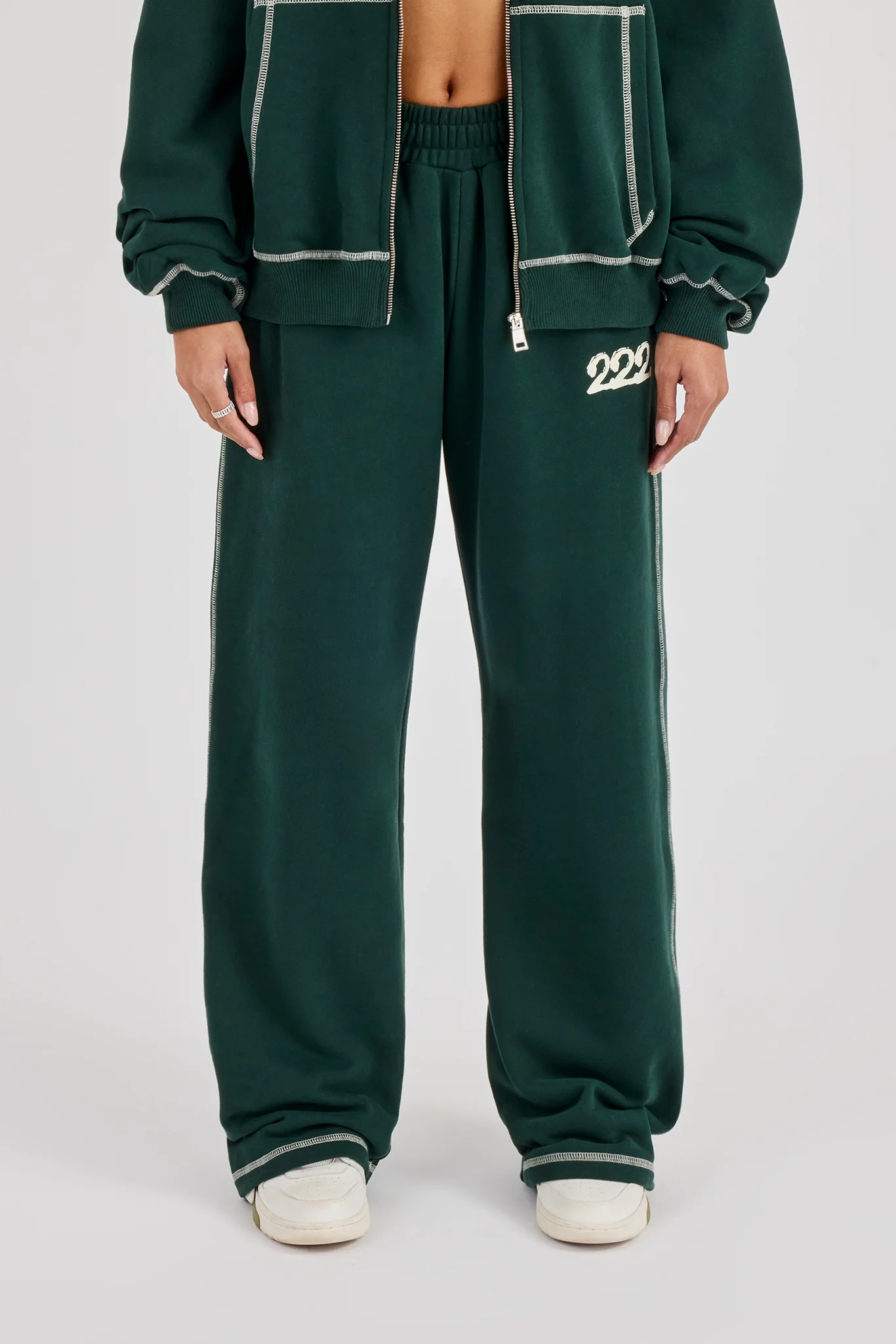 222 Cherub Contrast Stitch Wide Leg Jogger - Dark Green - Image 2