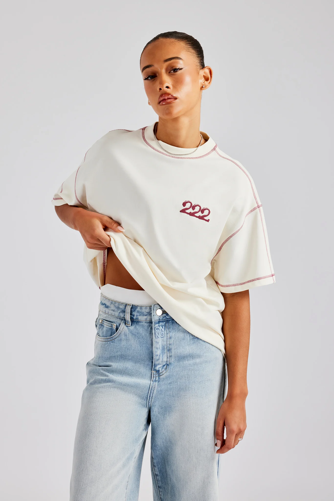 222 Cherub Contrast Stitch Oversized T-Shirt - White - Image 2