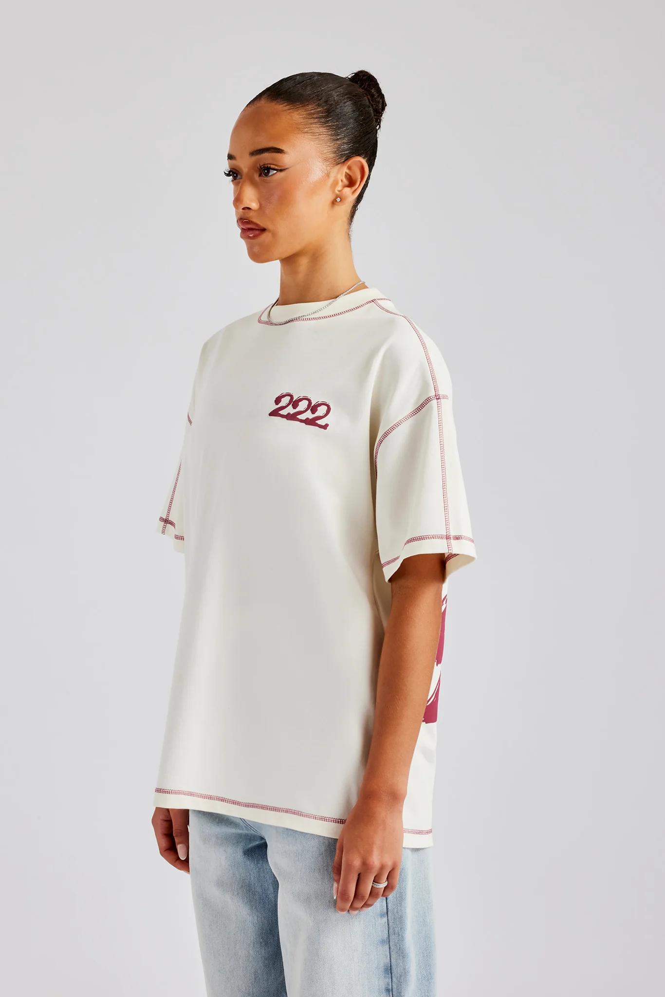 222 Cherub Contrast Stitch Oversized T-Shirt - White - Image 3