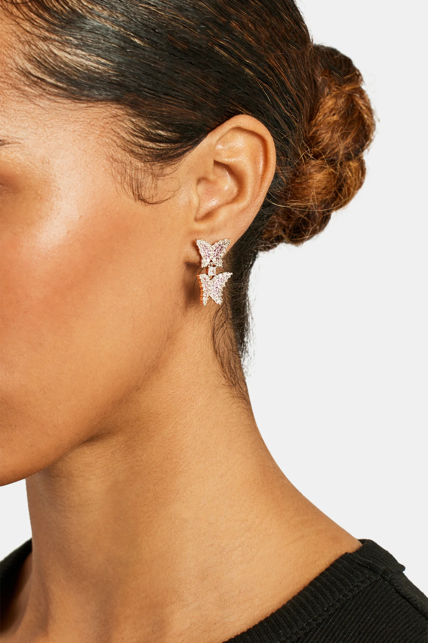 25mm Iced Pink CZ Butterfly Drop Earrings - Image 2