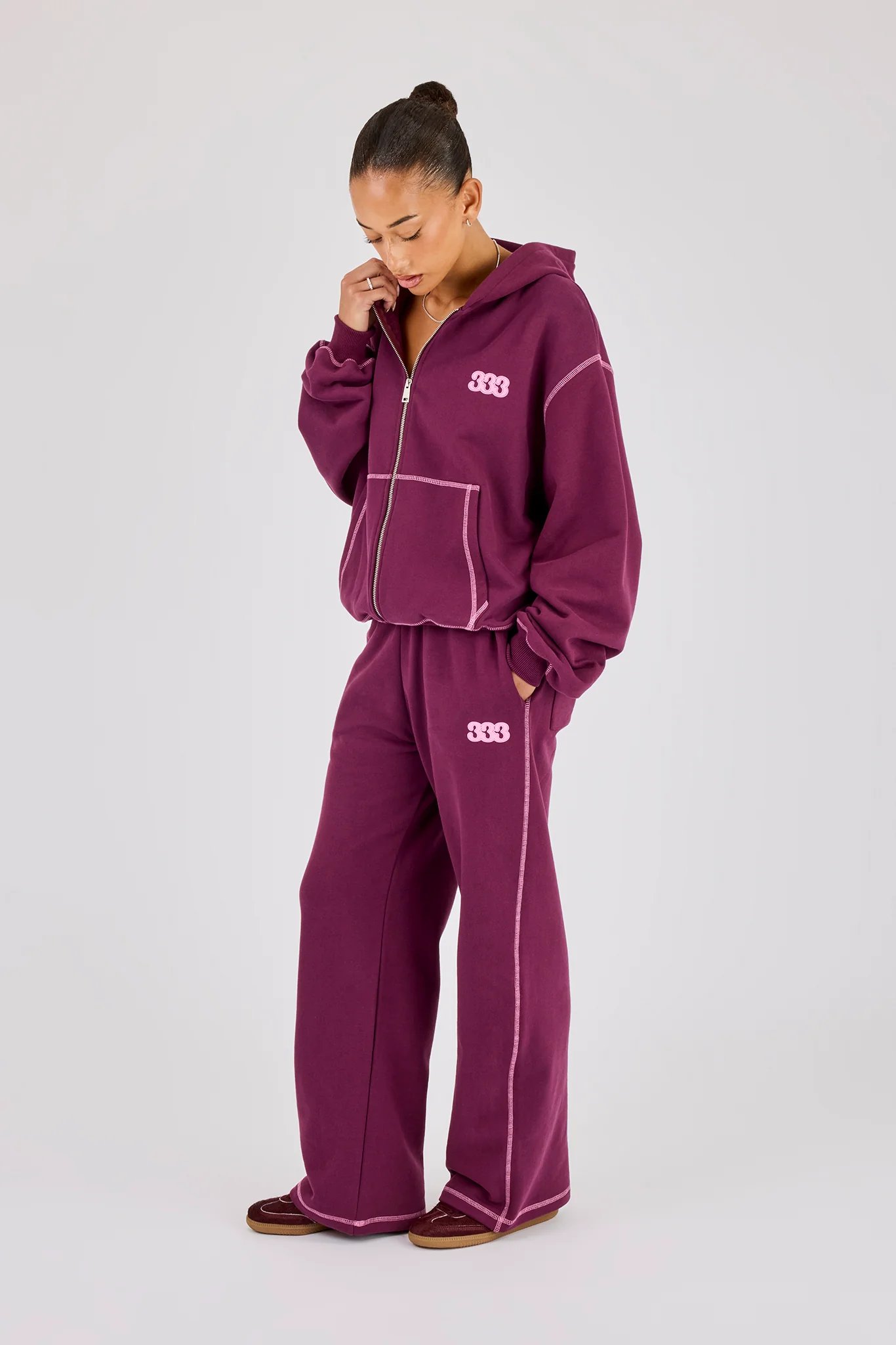 333 Cherub & Bow Oversized Hoodie & Wide Leg Jogger - Berry - Image 3