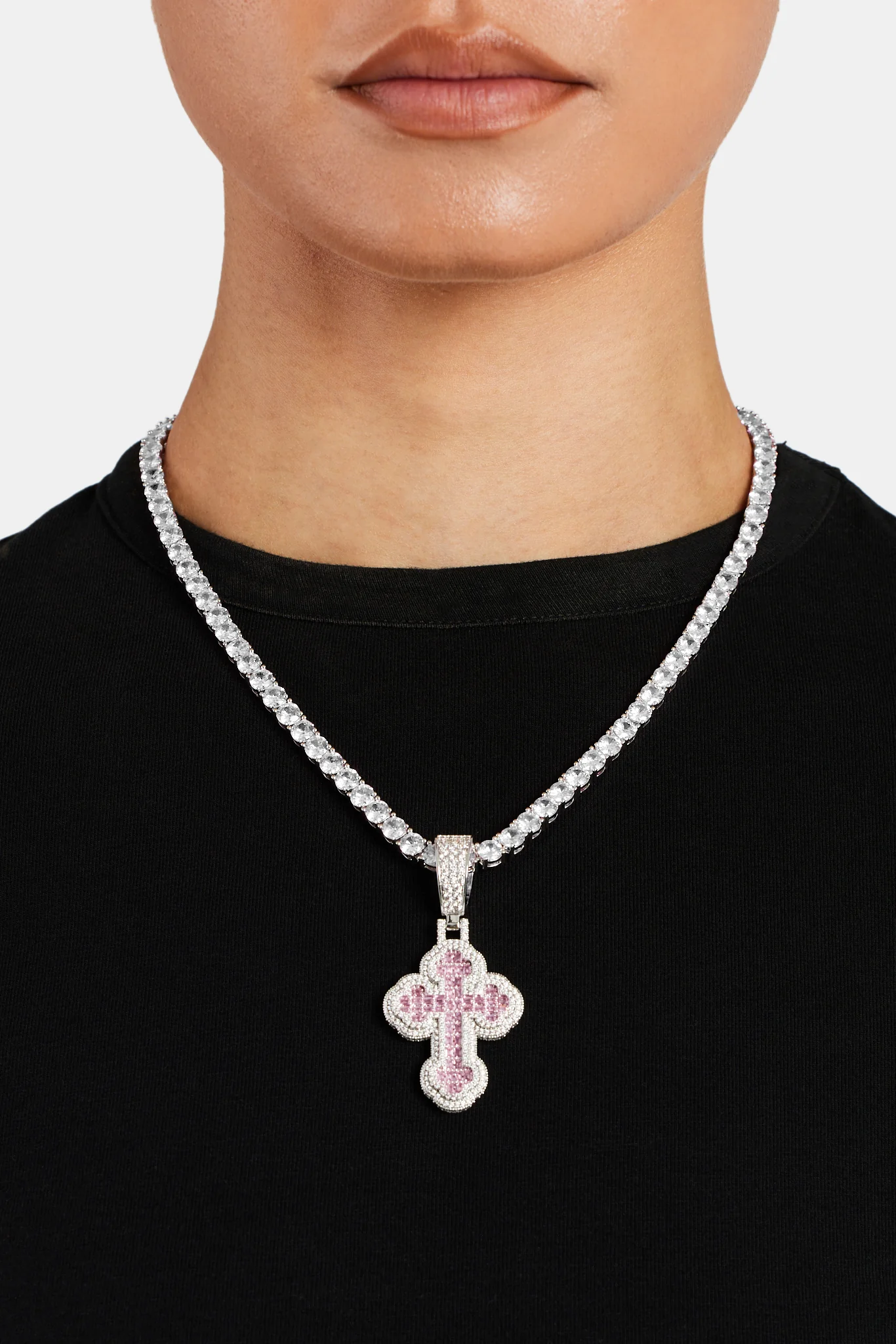 35mm Iced Pink CZ Rounded Cross Pendant - Image 4