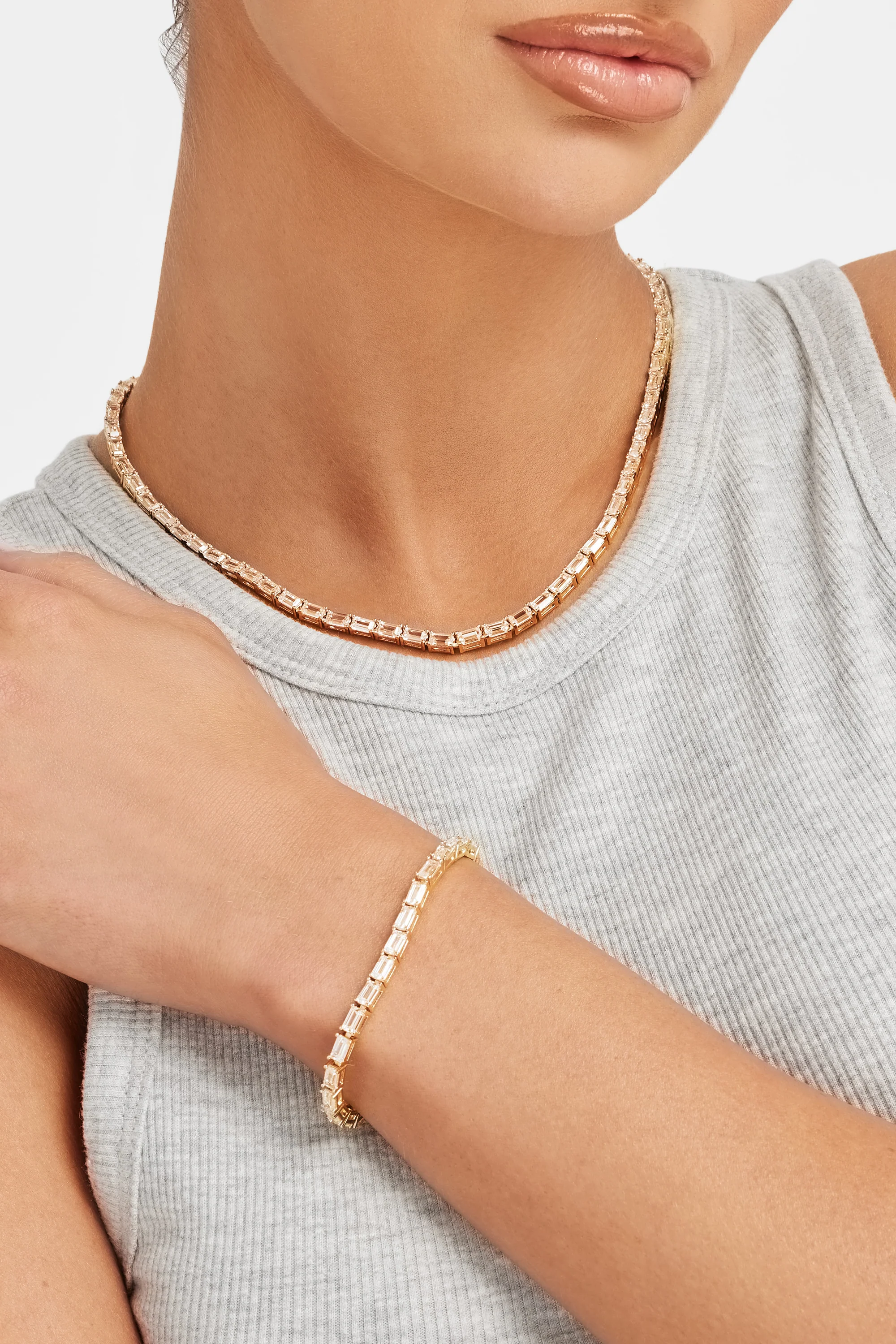 3mm Rectangular Tennis Chain + Bracelet Bundle - Gold - Image 2
