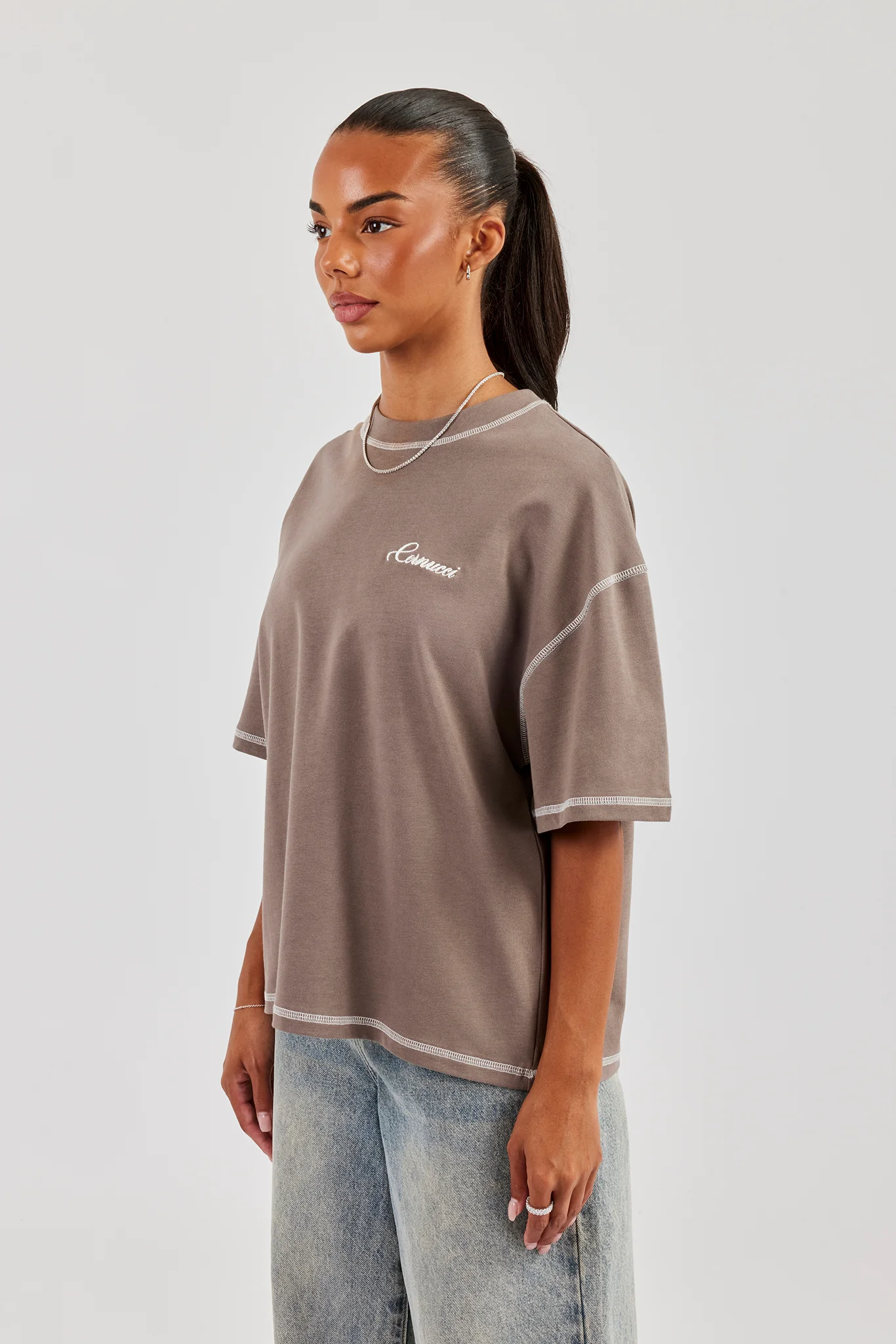 444 Cherub Contrast Stitch Oversized T-Shirt - Taupe - Image 3