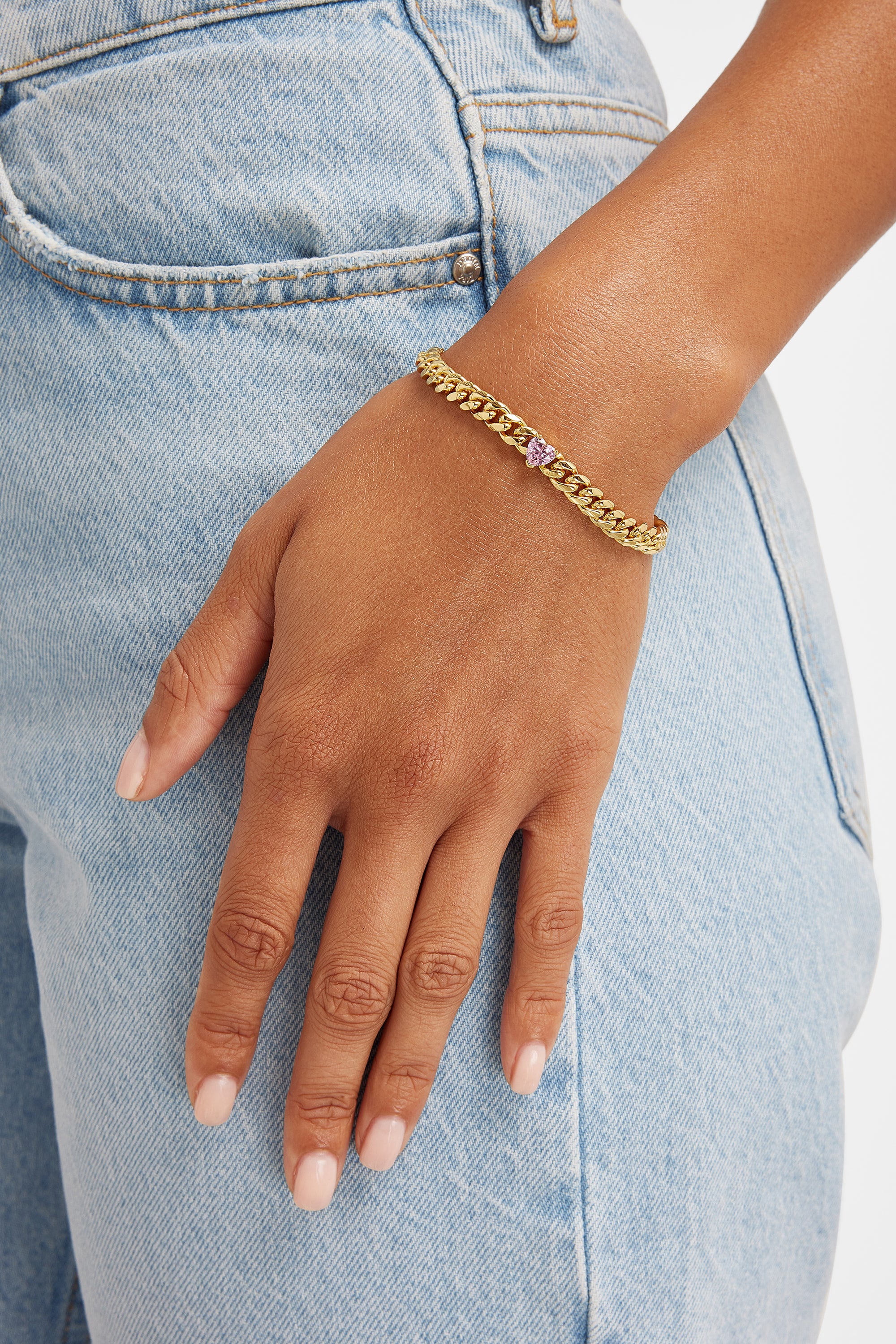 5mm Cuban Bracelet With Heart Stone - Gold - Image 2