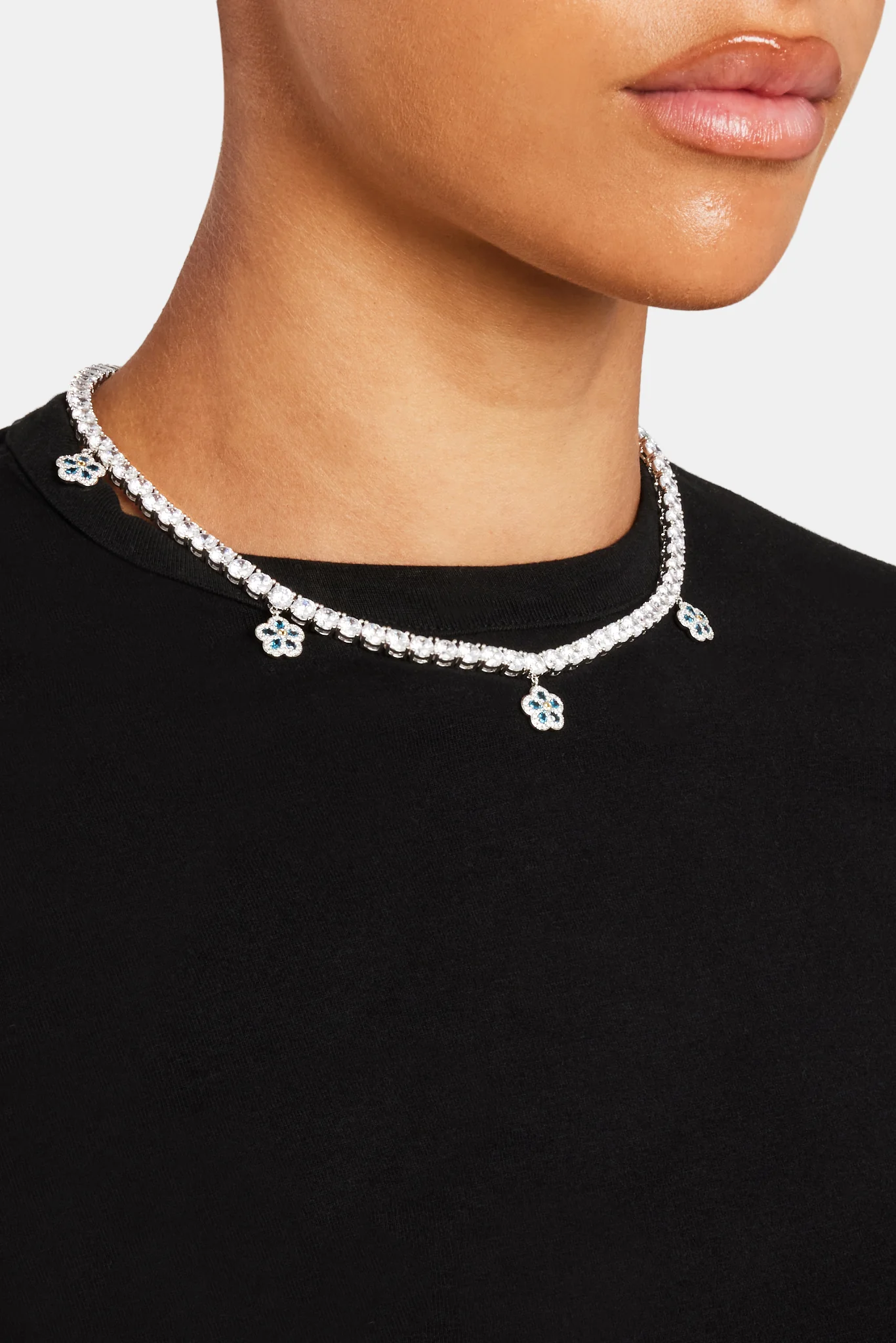 5mm Iced Blue CZ Flower Drop Tennis Necklace - Image 4
