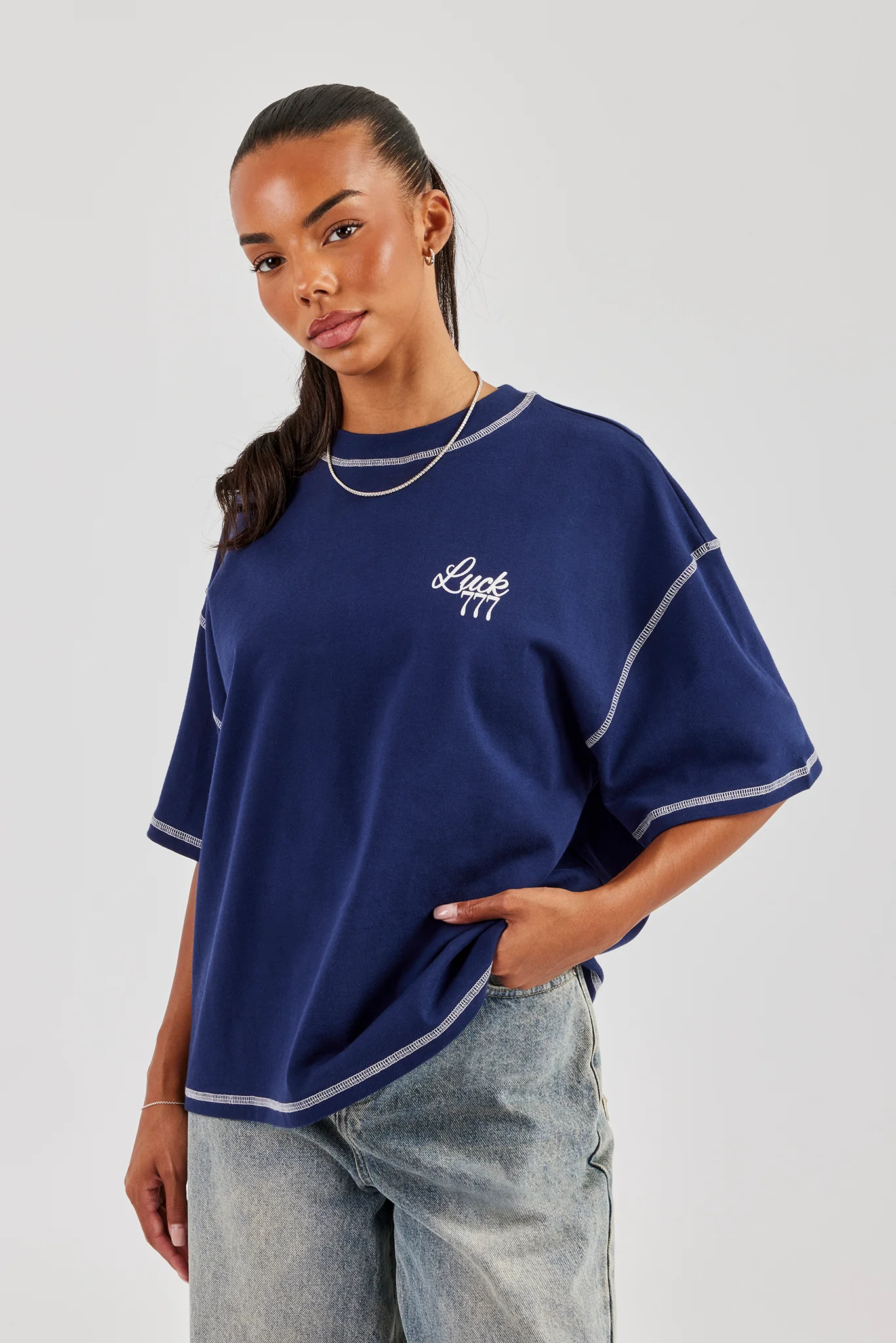 777 Luck Cherub Contrast Stitch Oversized T-Shirt - Navy Blue - Image 2