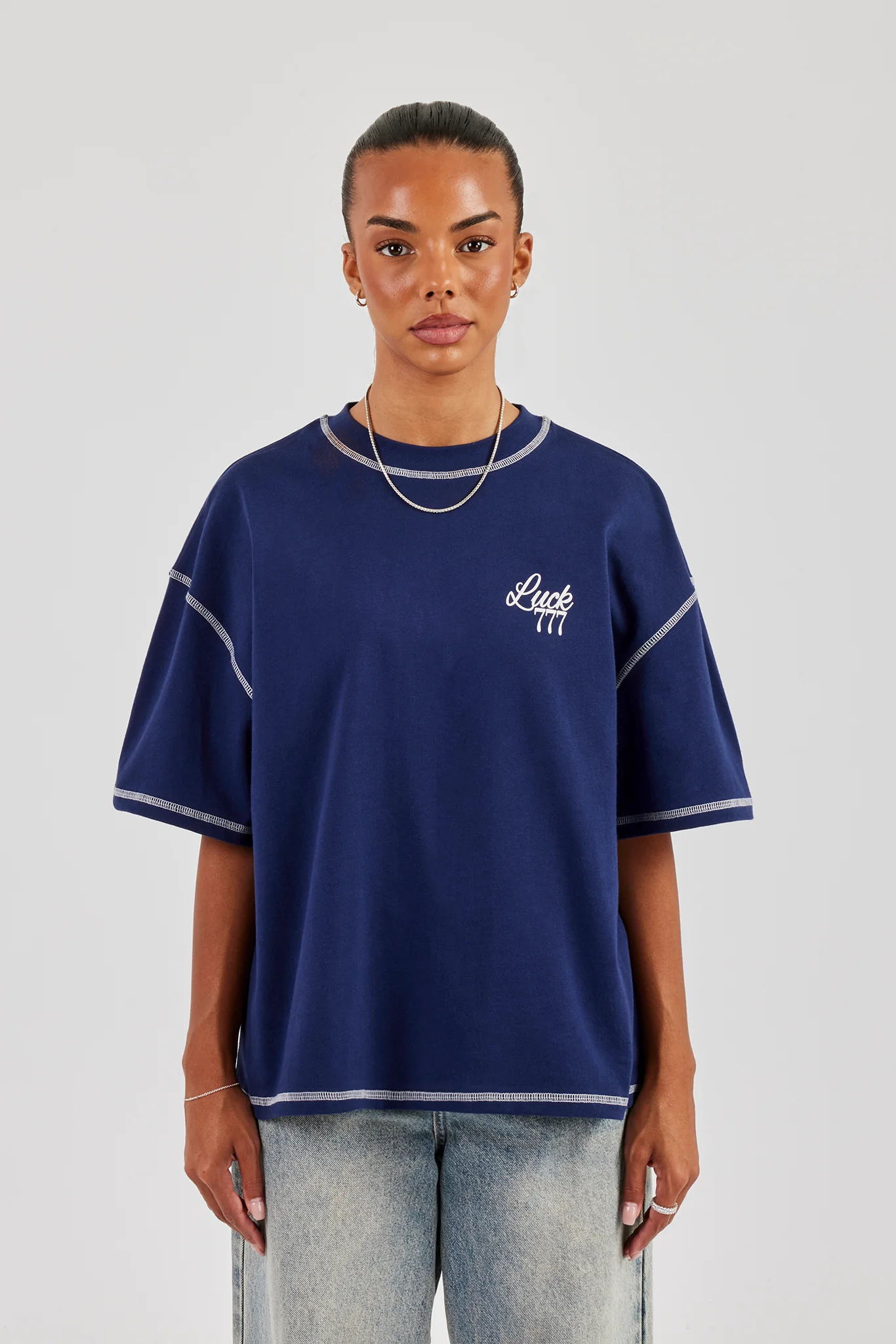 777 Luck Cherub Contrast Stitch Oversized T-Shirt - Navy Blue - Image 4