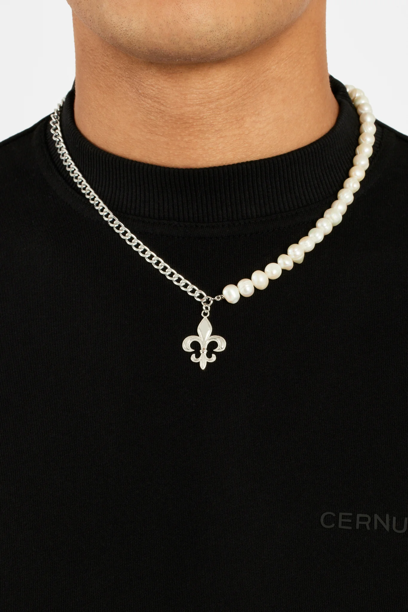 7mm Freshwater Pearl & Fleur De Lis Necklace - Image 2