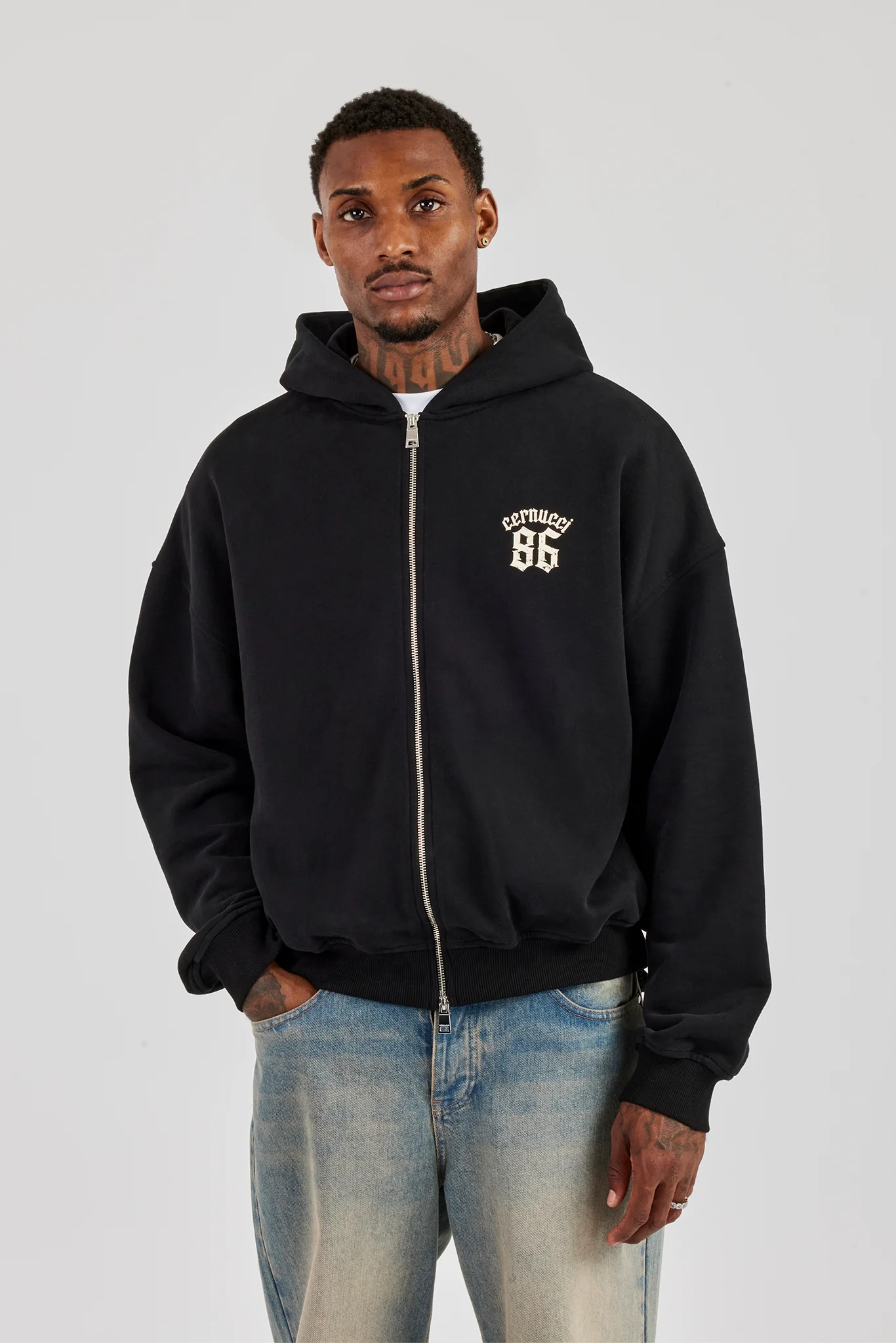 86 Back Print Zip Through Boxy Hoodie - Black - Image 4