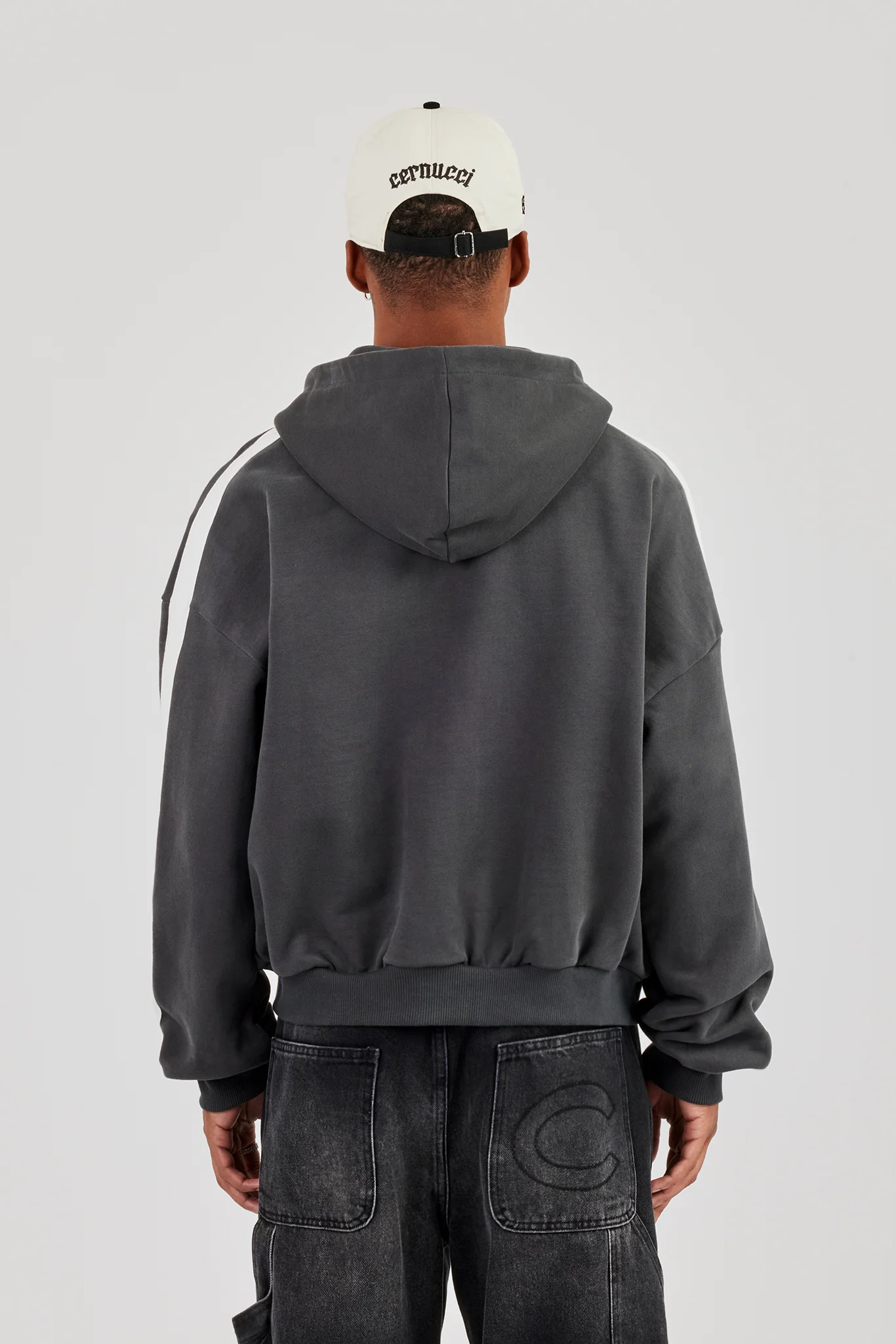 86 Taping Boxy Zip Through Hoodie - Charcoal - Image 3