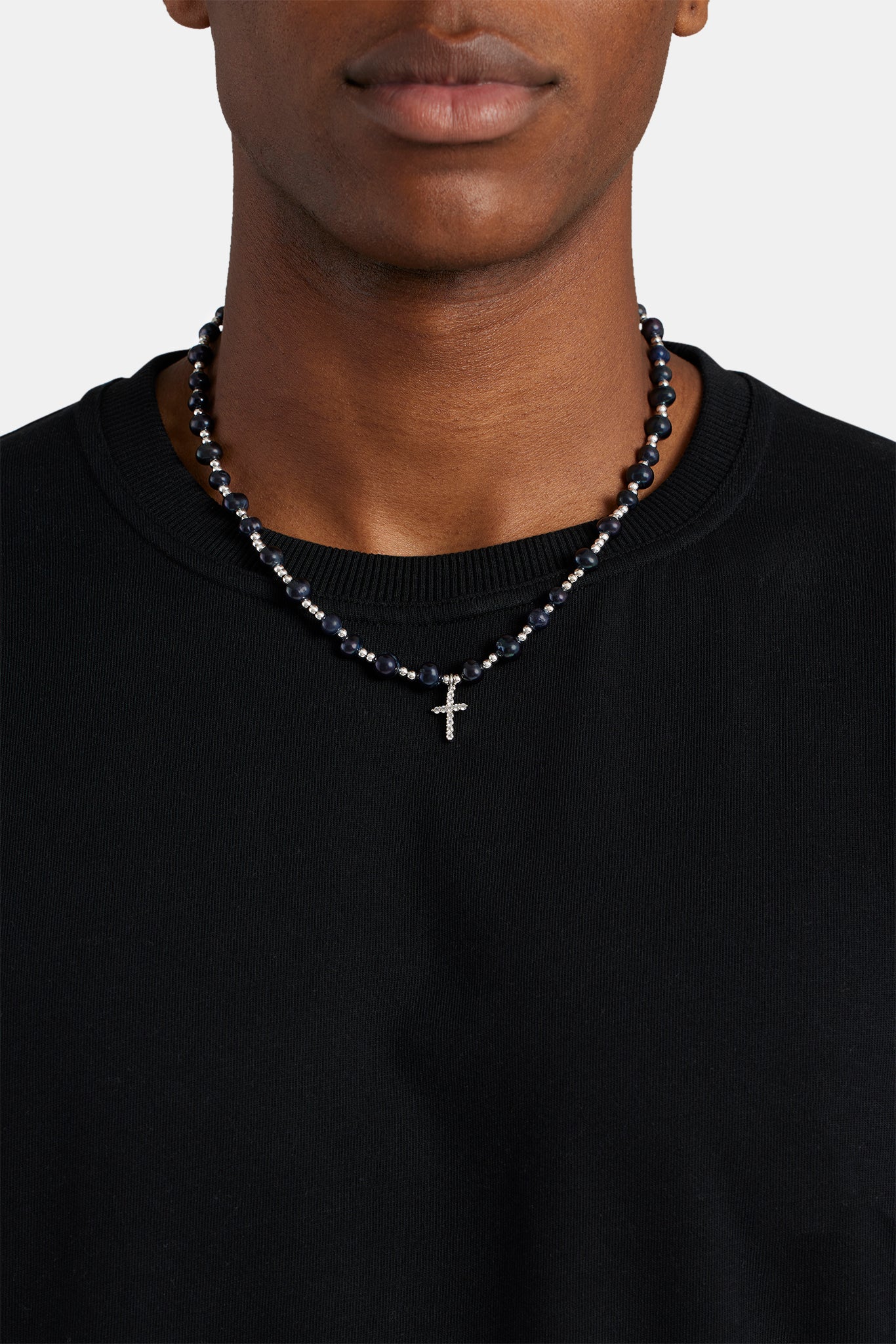 8mm Freshwater Black Pearl Necklace With Iced CZ Cross - Image 2