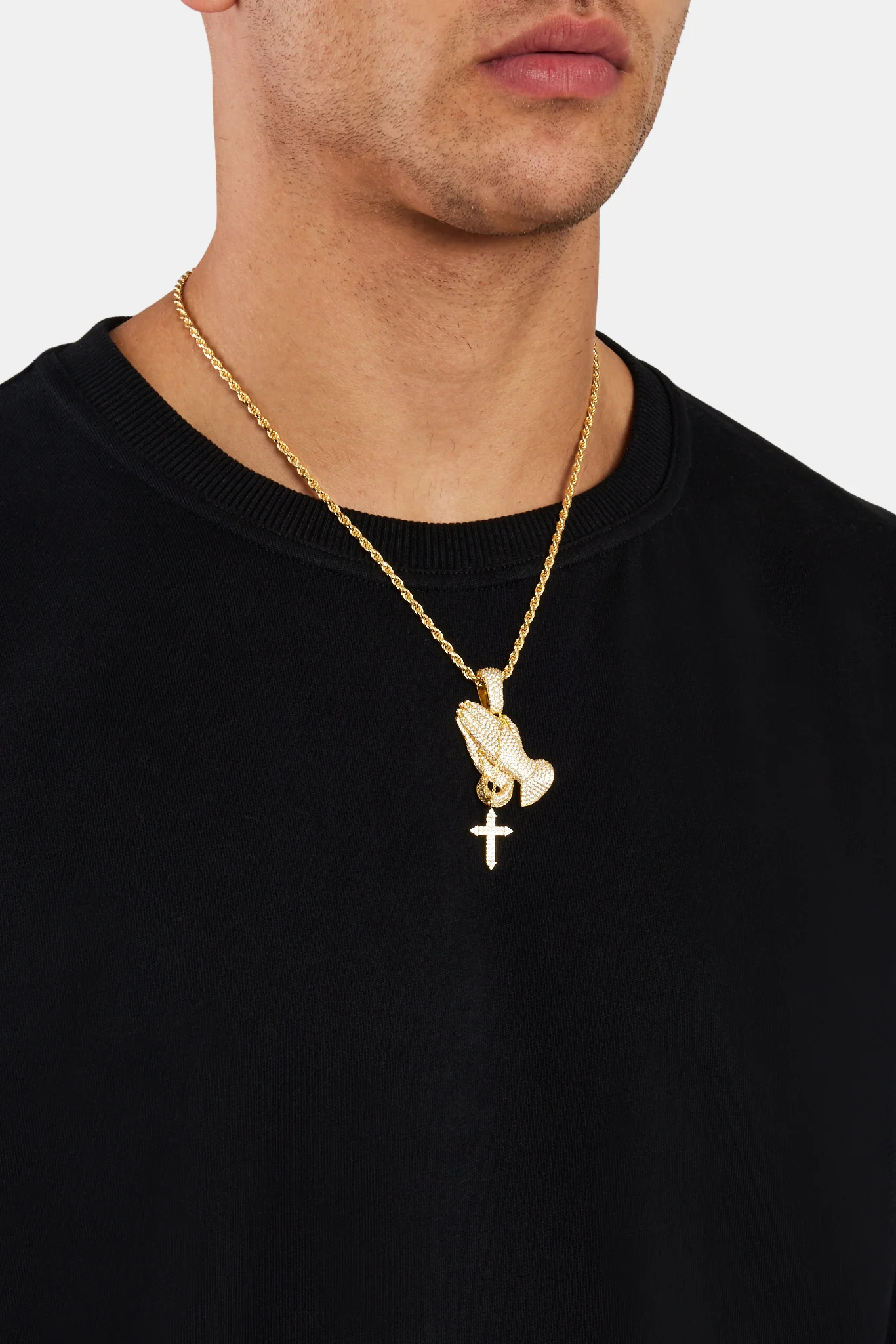 925 Sterling Silver Iced Praying Hands Pendant - Gold - Image 3