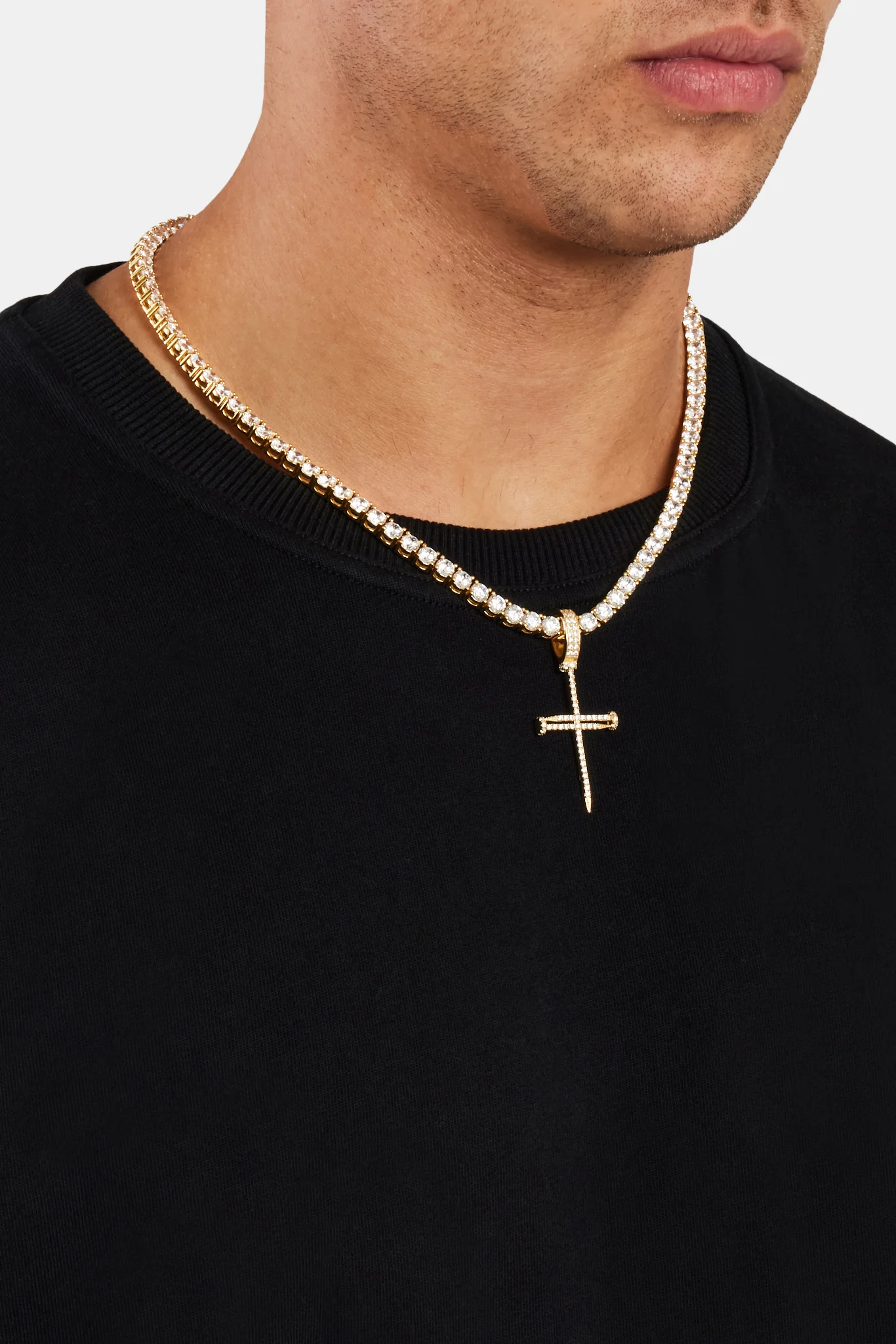 925 Sterling Silver Iced Nail Cross Pendant - Gold - Image 3