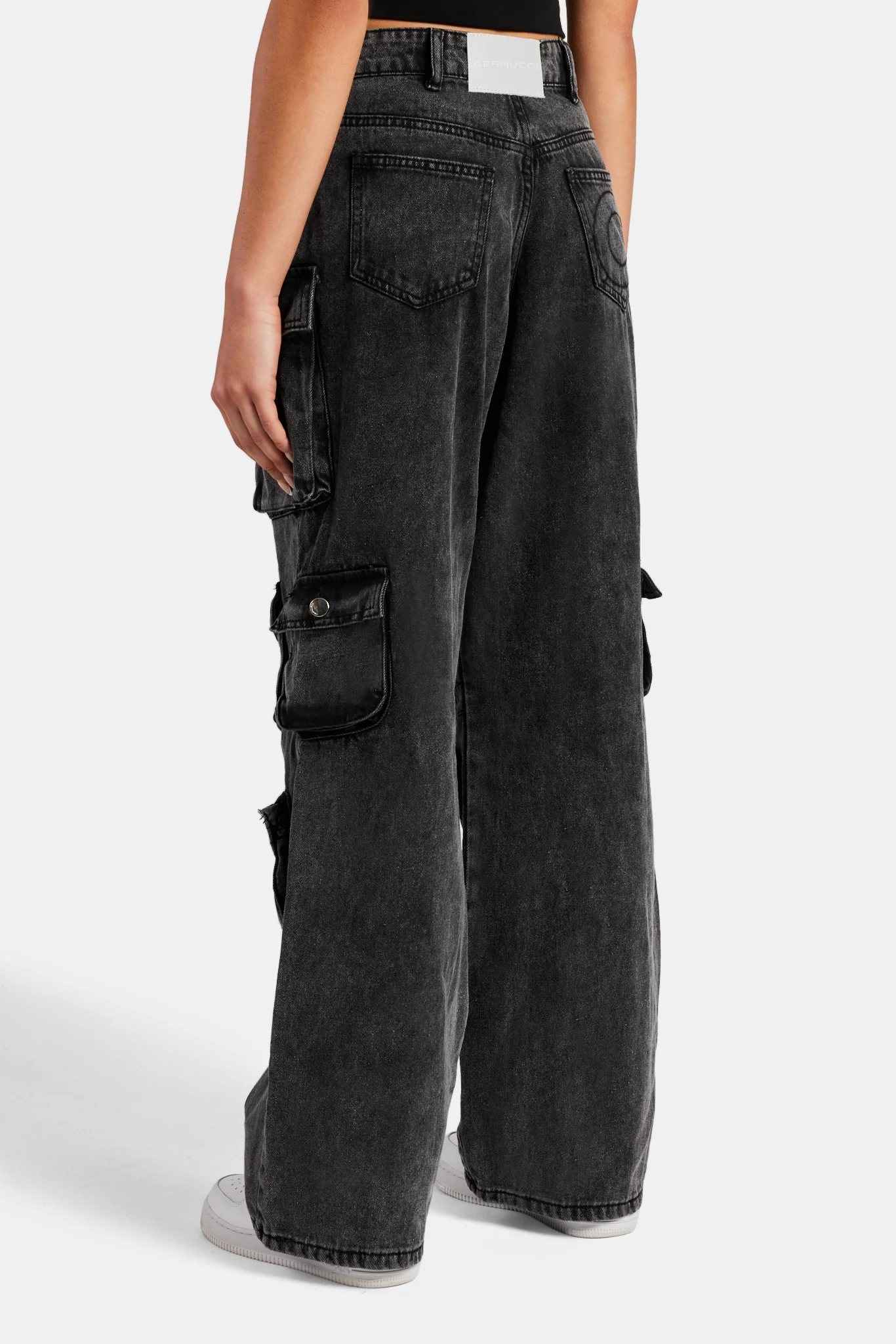 Acid Wash Baggy Cargo Jeans - Black - Image 3