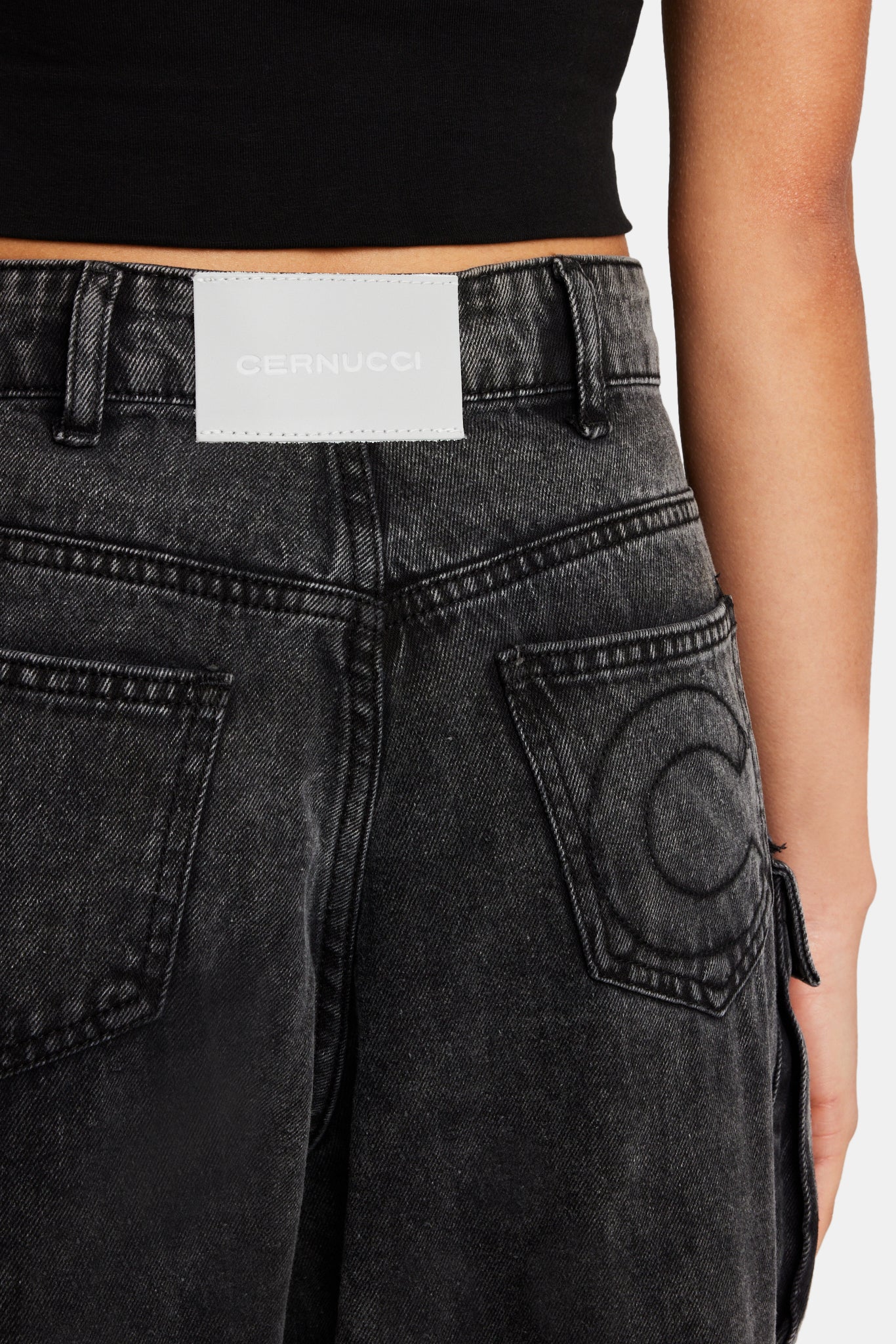 Acid Wash Baggy Cargo Jeans - Black - Image 4