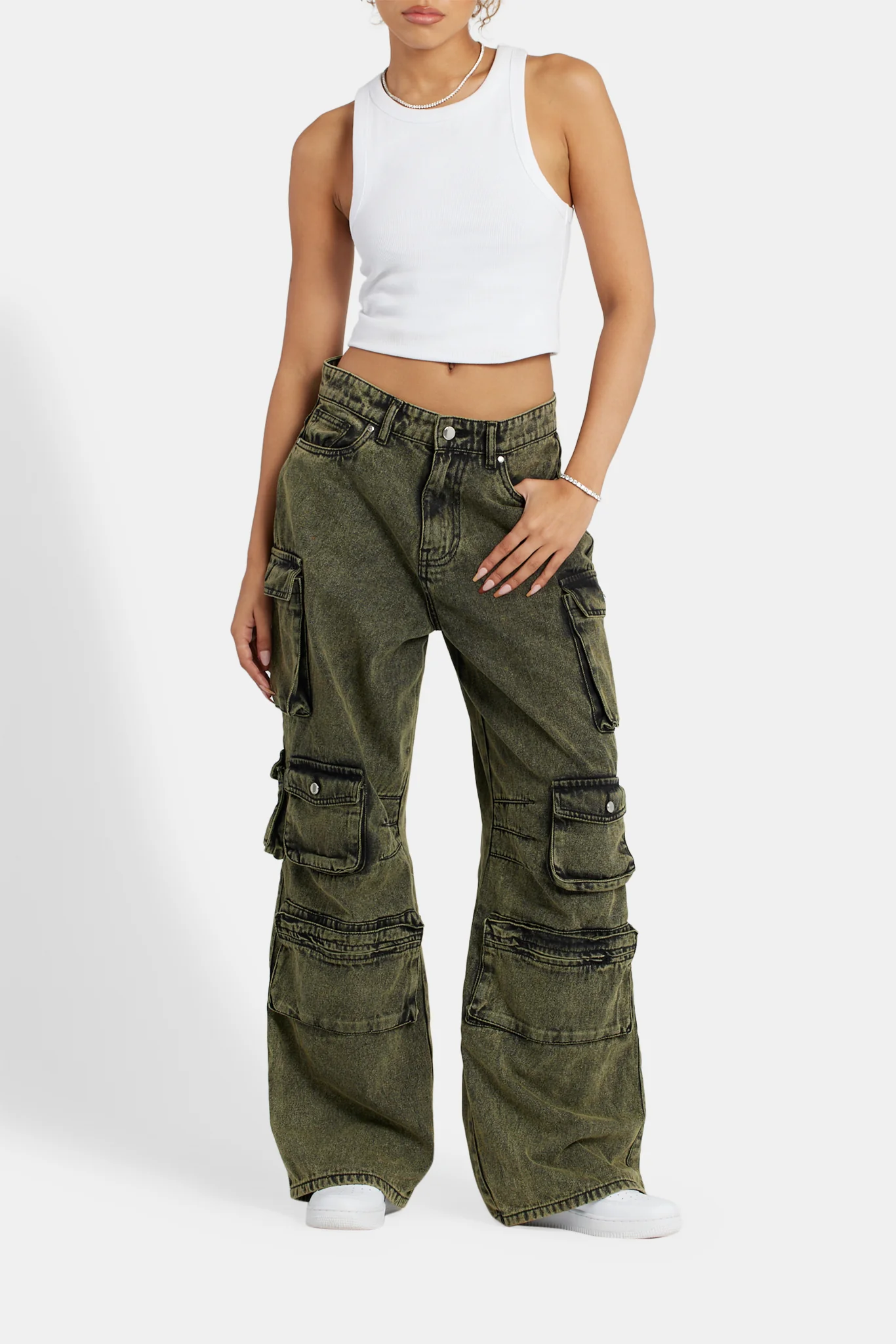 Acid Wash Baggy Cargo Jeans - Green - Image 2