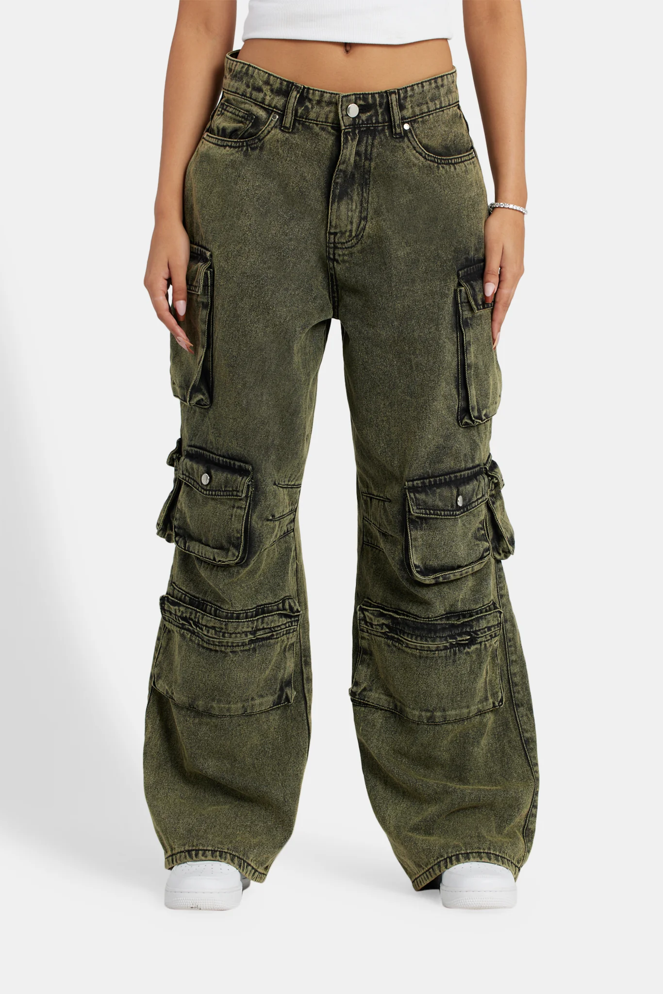 Acid Wash Baggy Cargo Jeans - Green - Image 3