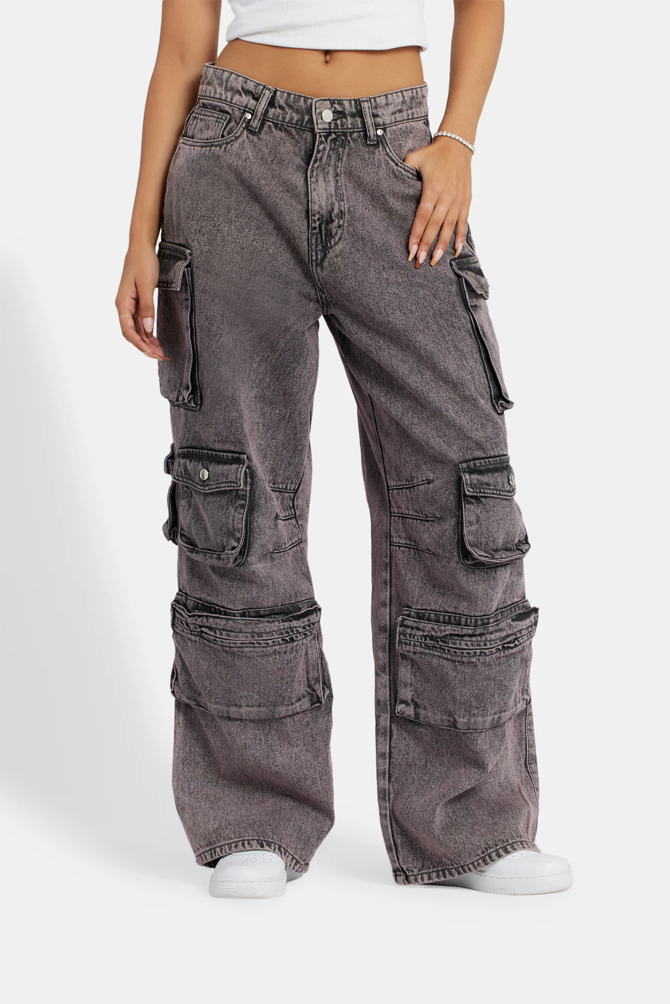 Acid Wash Baggy Cargo Jeans - Pink - Image 3