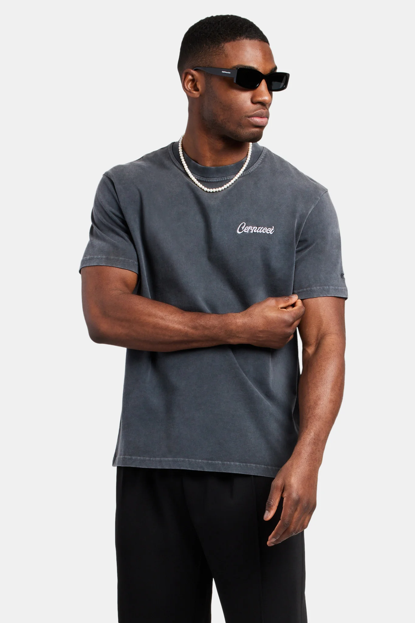 Acid Wash Embroidered T-Shirt Charcoal