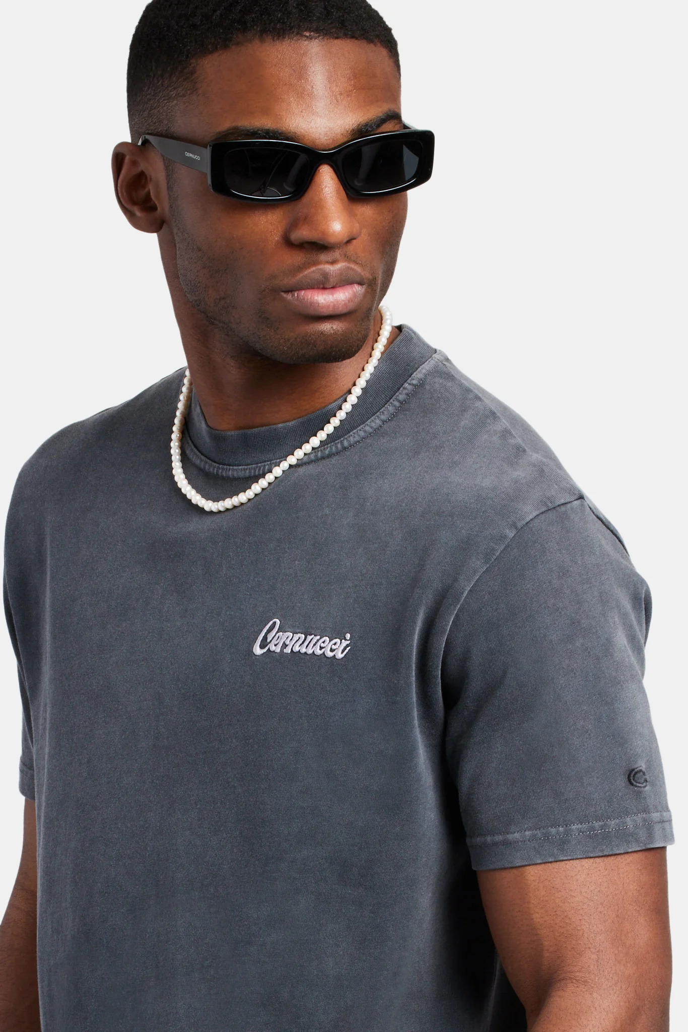 Acid Wash Embroidered T-Shirt Charcoal - Image 4