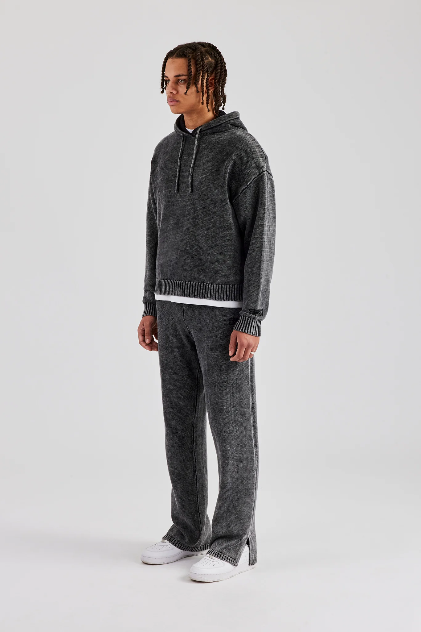 Acid Wash Knit Tracksuit - Charcoal