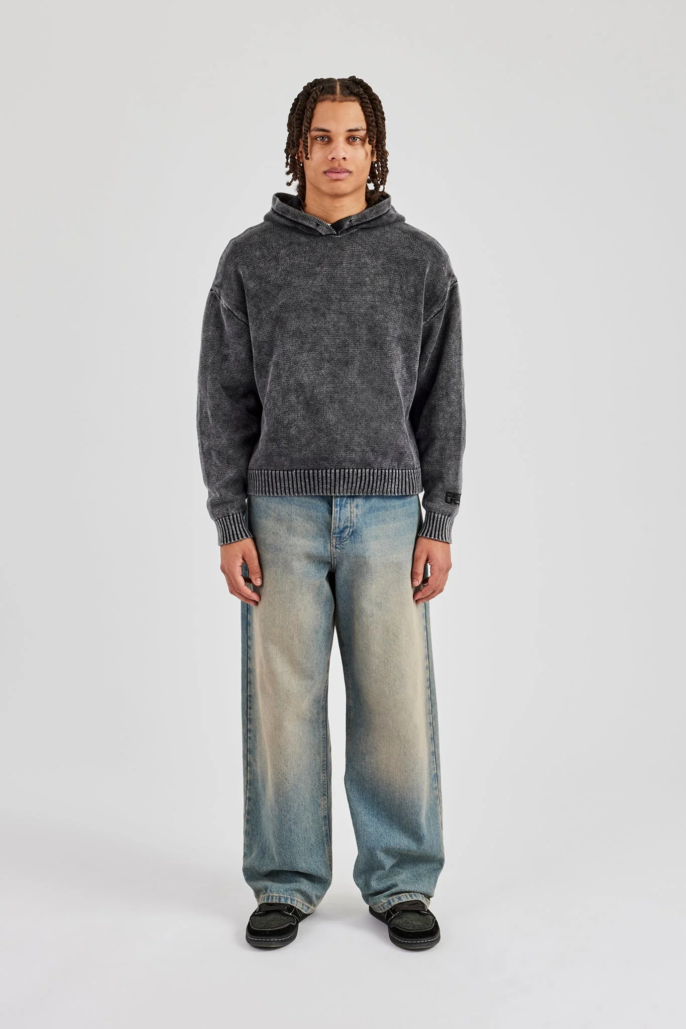 Acid Wash Knitted Hoodie - Charcoal - Image 10