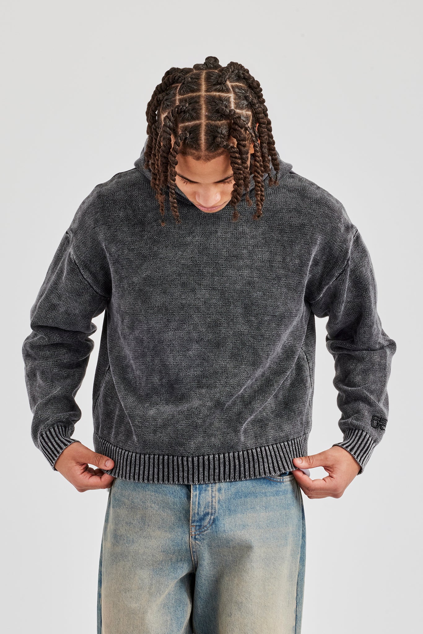 Acid Wash Knitted Hoodie - Charcoal - Image 14