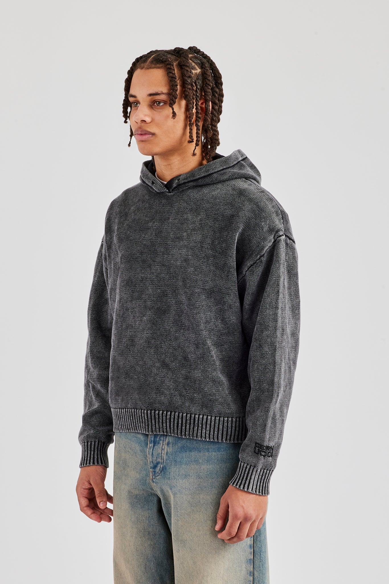 Acid Wash Knitted Hoodie - Charcoal - Image 2