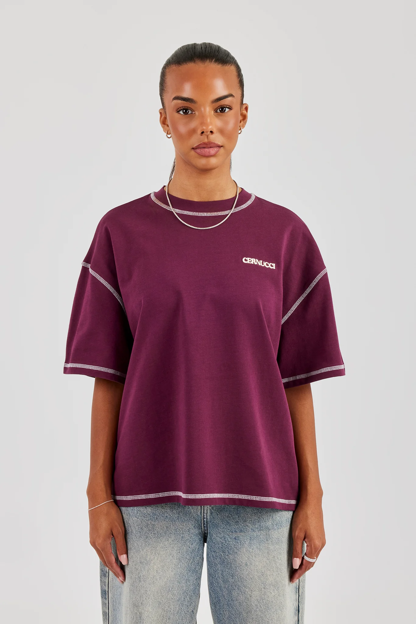 Alpes Contrast Stitch Oversized T-Shirt - Berry - Image 2