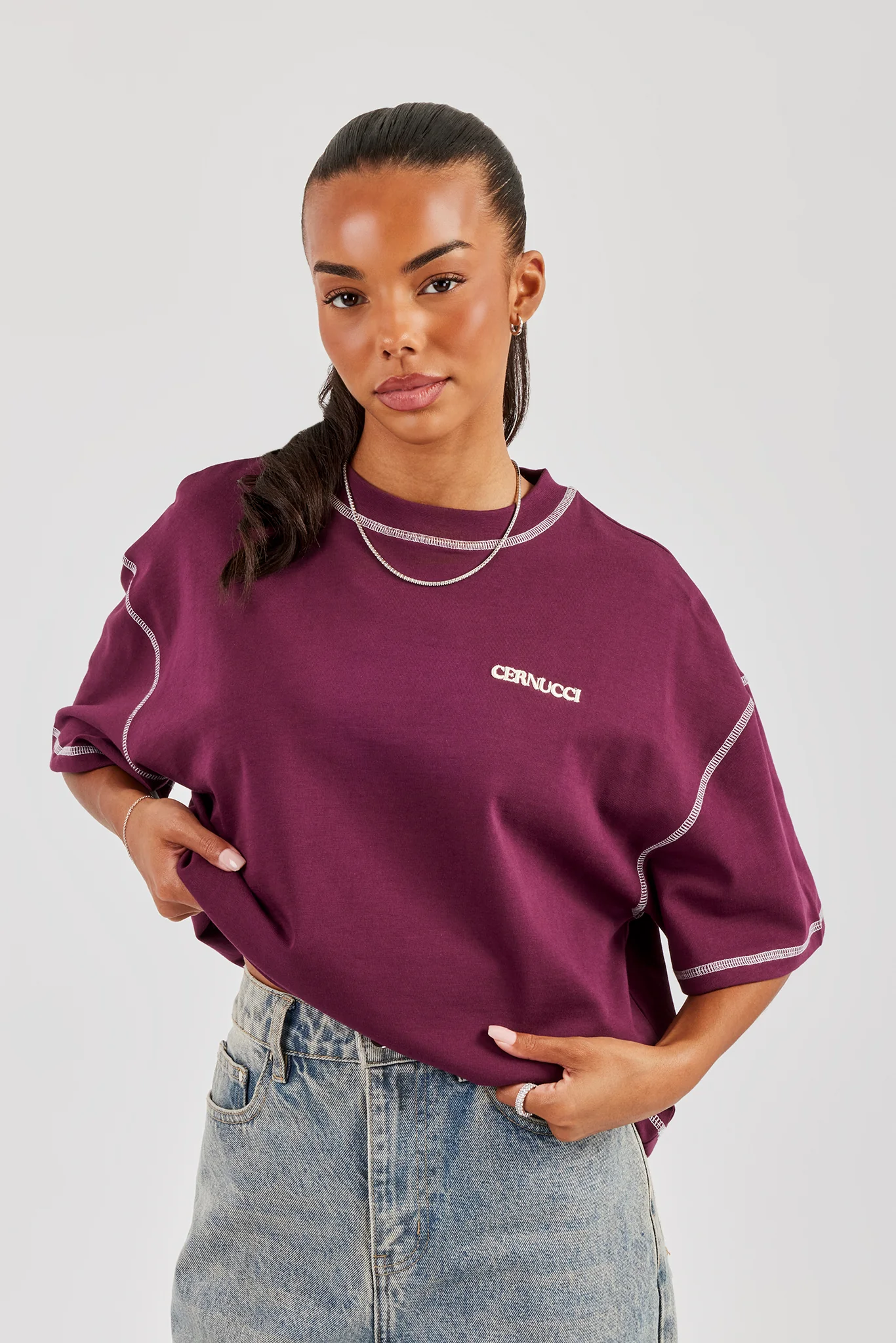 Alpes Contrast Stitch Oversized T-Shirt - Berry - Image 4