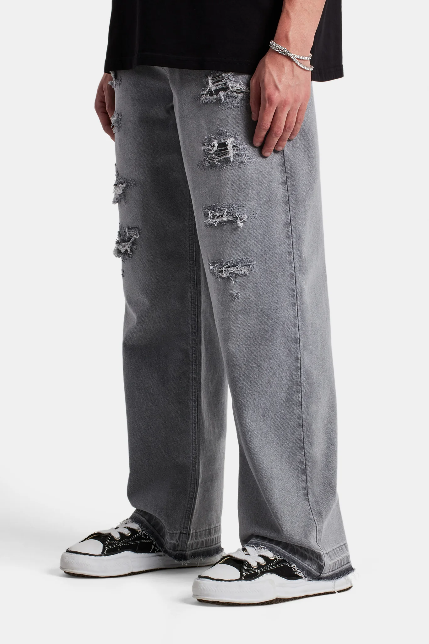 Baggy Fit Distressed Jeans - Light Grey - Image 3