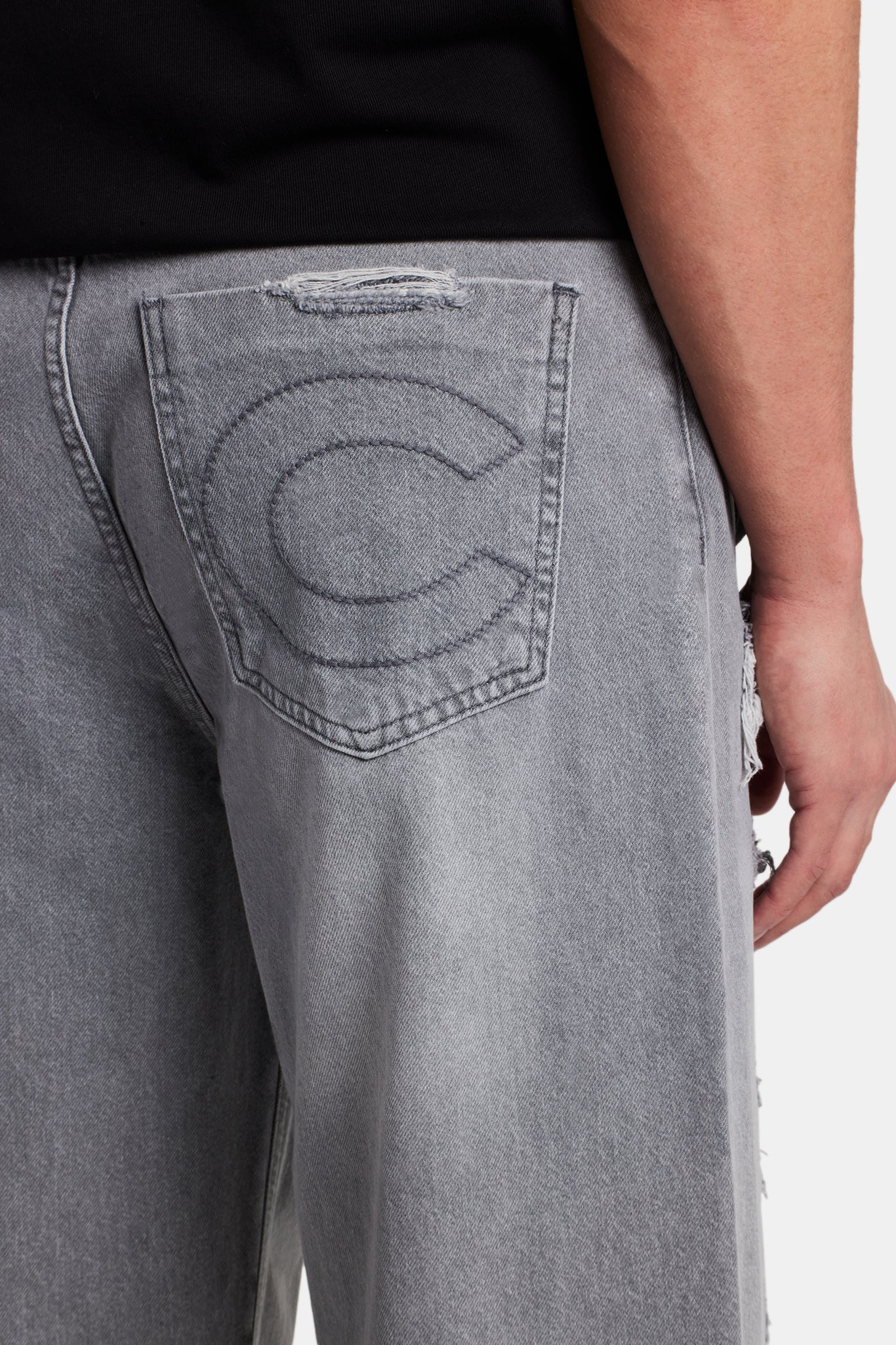 Baggy Fit Distressed Jeans - Light Grey - Image 4