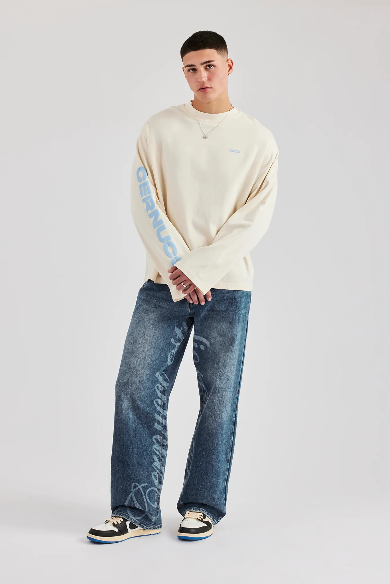 Baggy Fit Laser Print Jeans - Mid Blue - Image 2