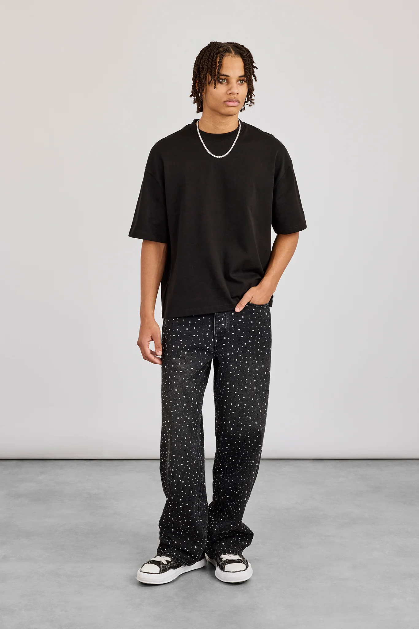 Baggy Fit Rhinestone Jean - Black - Image 3