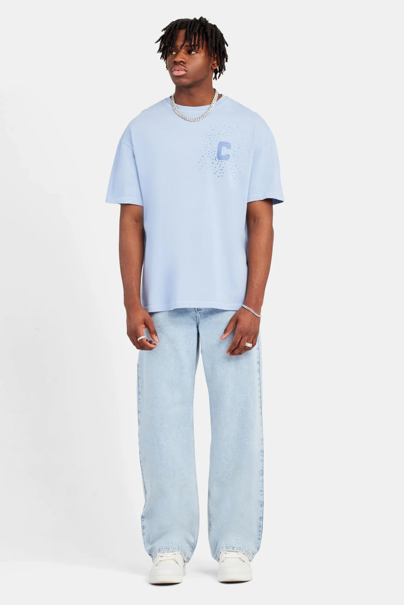 Baggy Fit Rhinestone Jeans - Ice Blue - Image 3