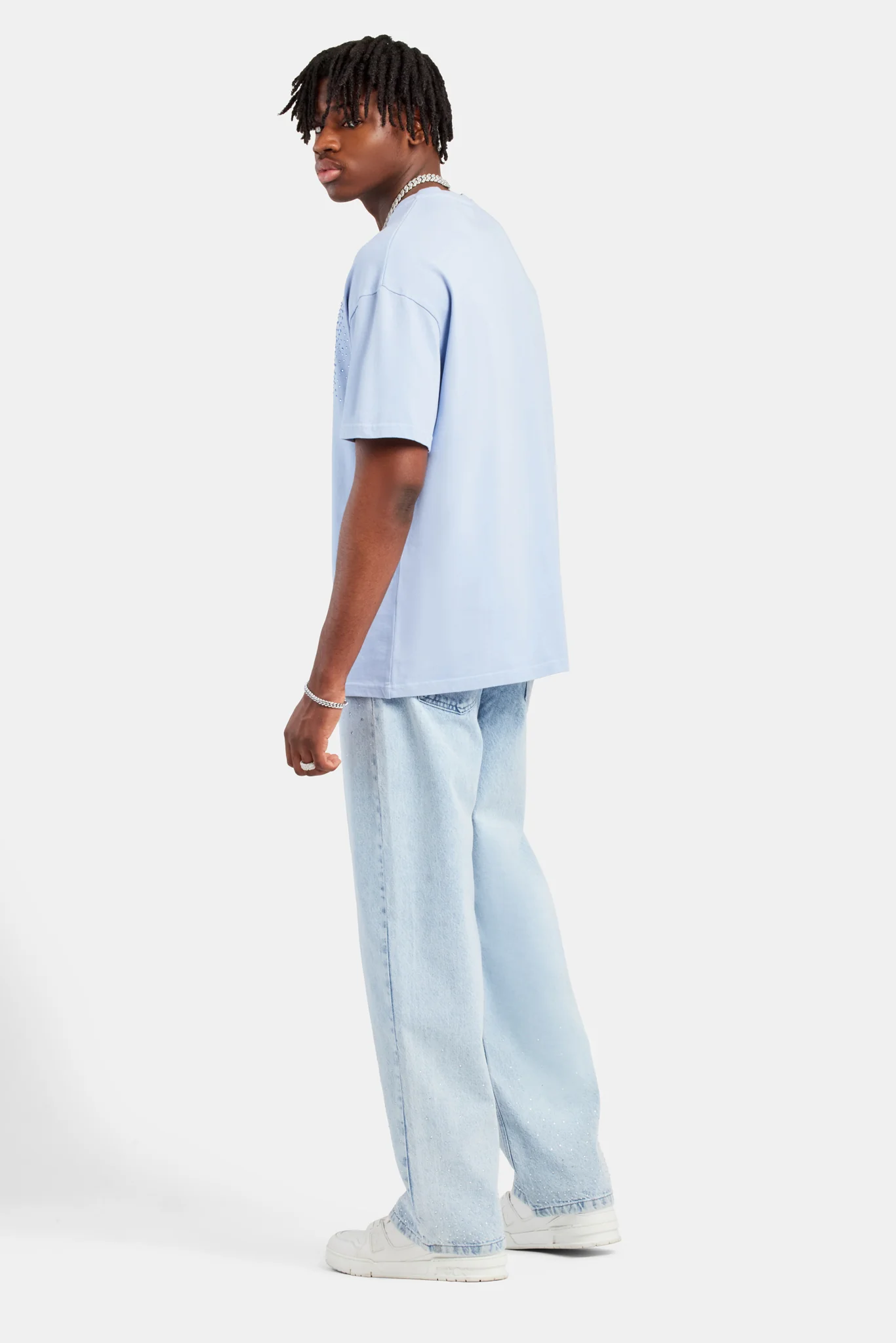 Baggy Fit Rhinestone Jeans - Ice Blue - Image 4