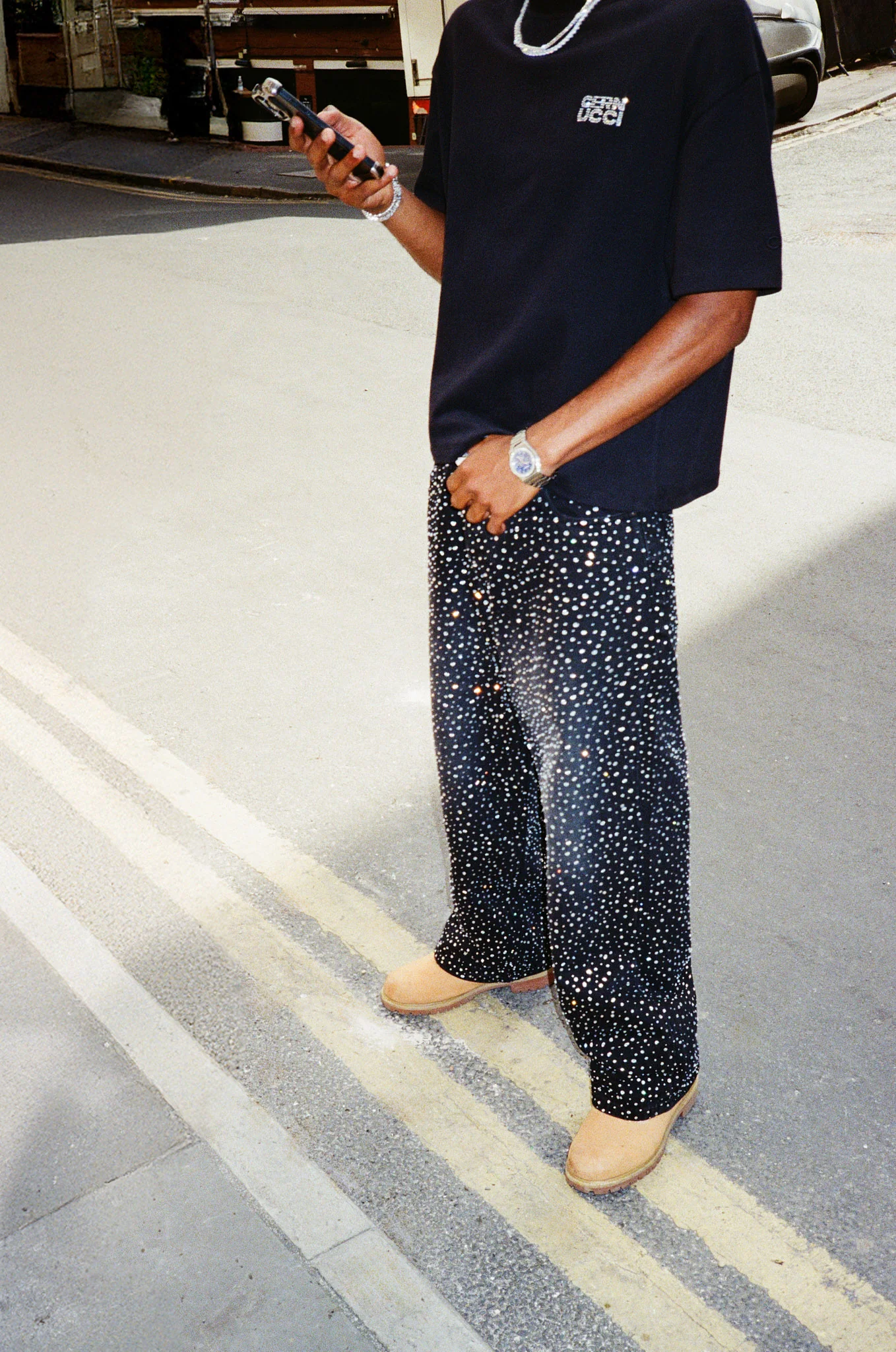 Baggy Fit Rhinestone Jeans - Washed Black - Image 4