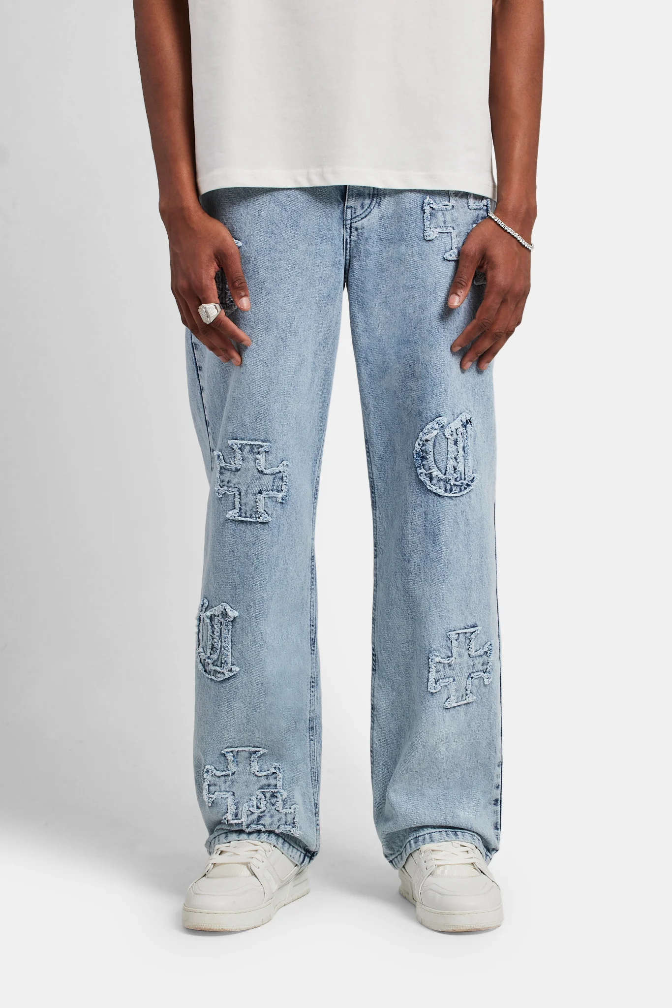 Baggy Raw Edge Applique Jeans - Light Blue - Image 4