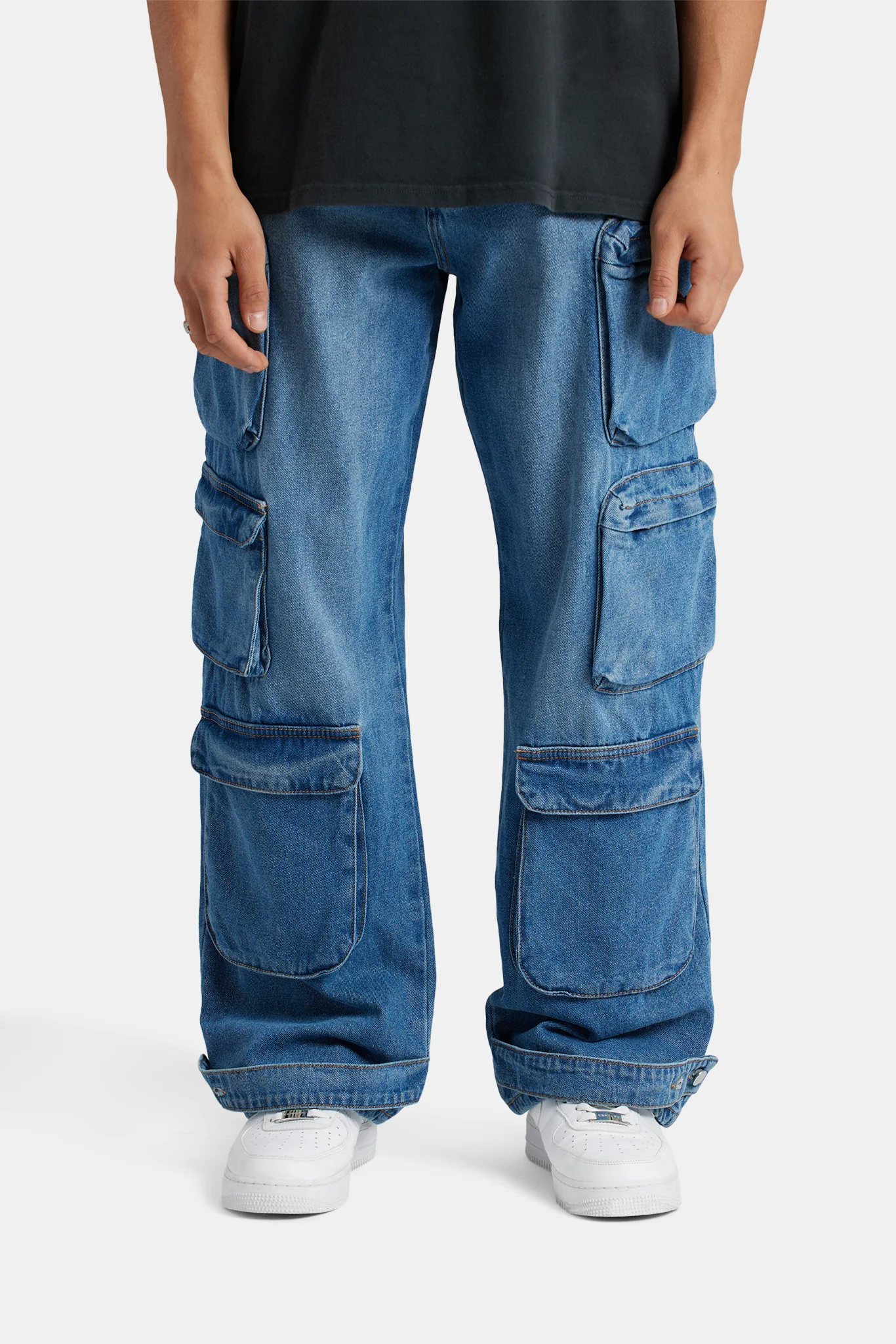 Baggy Utility Cargo Jeans - Mid Blue - Image 2