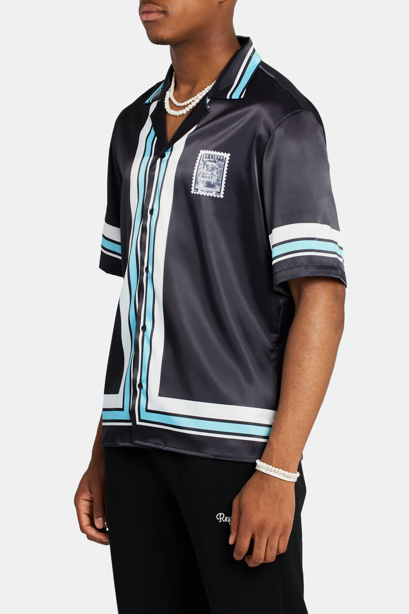 Beach House Border Graphic Satin Shirt - Black - Image 3