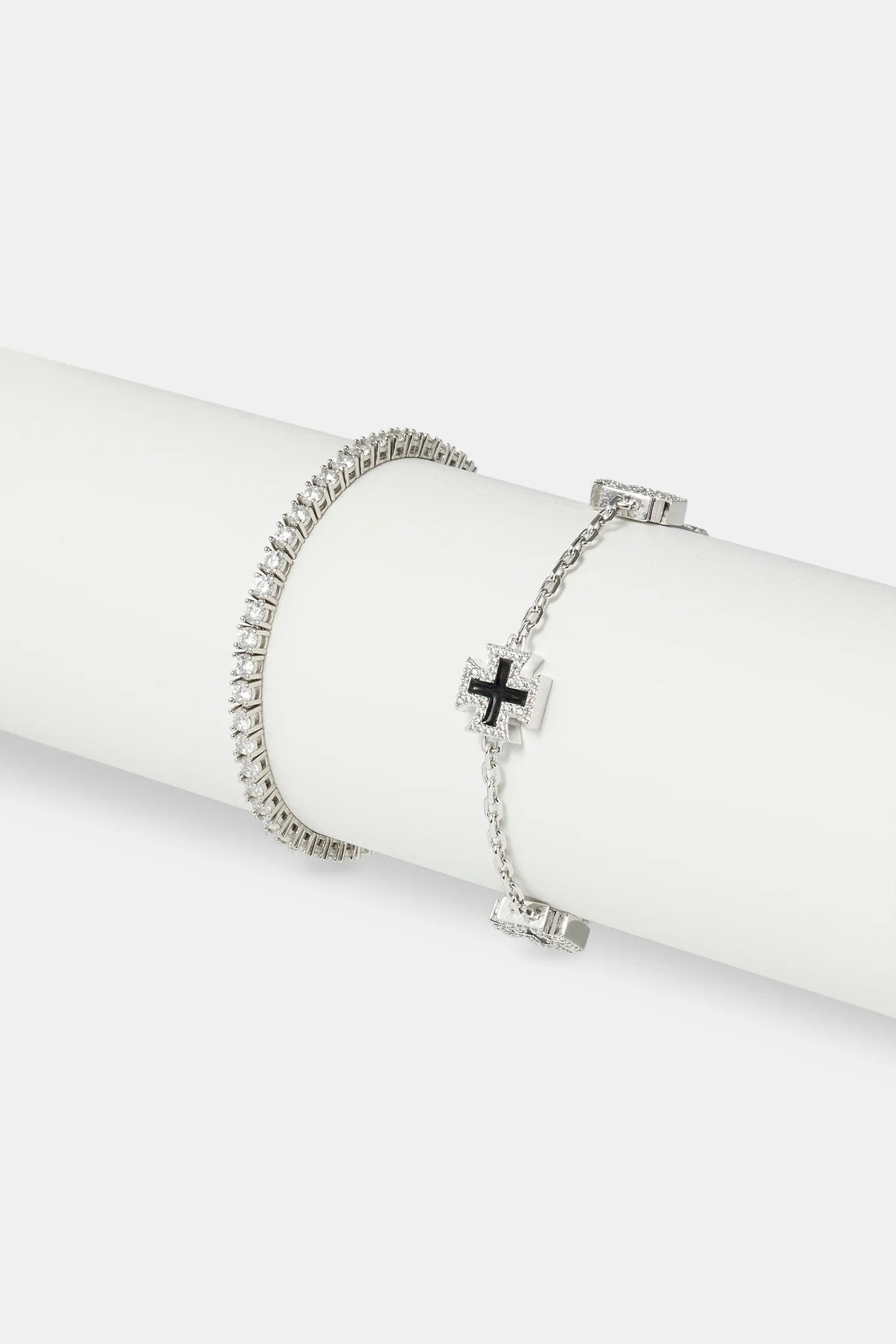 12mm Black Enamel Cross Motif Bracelet & 3mm Tennis Bracelet - White - Image 2
