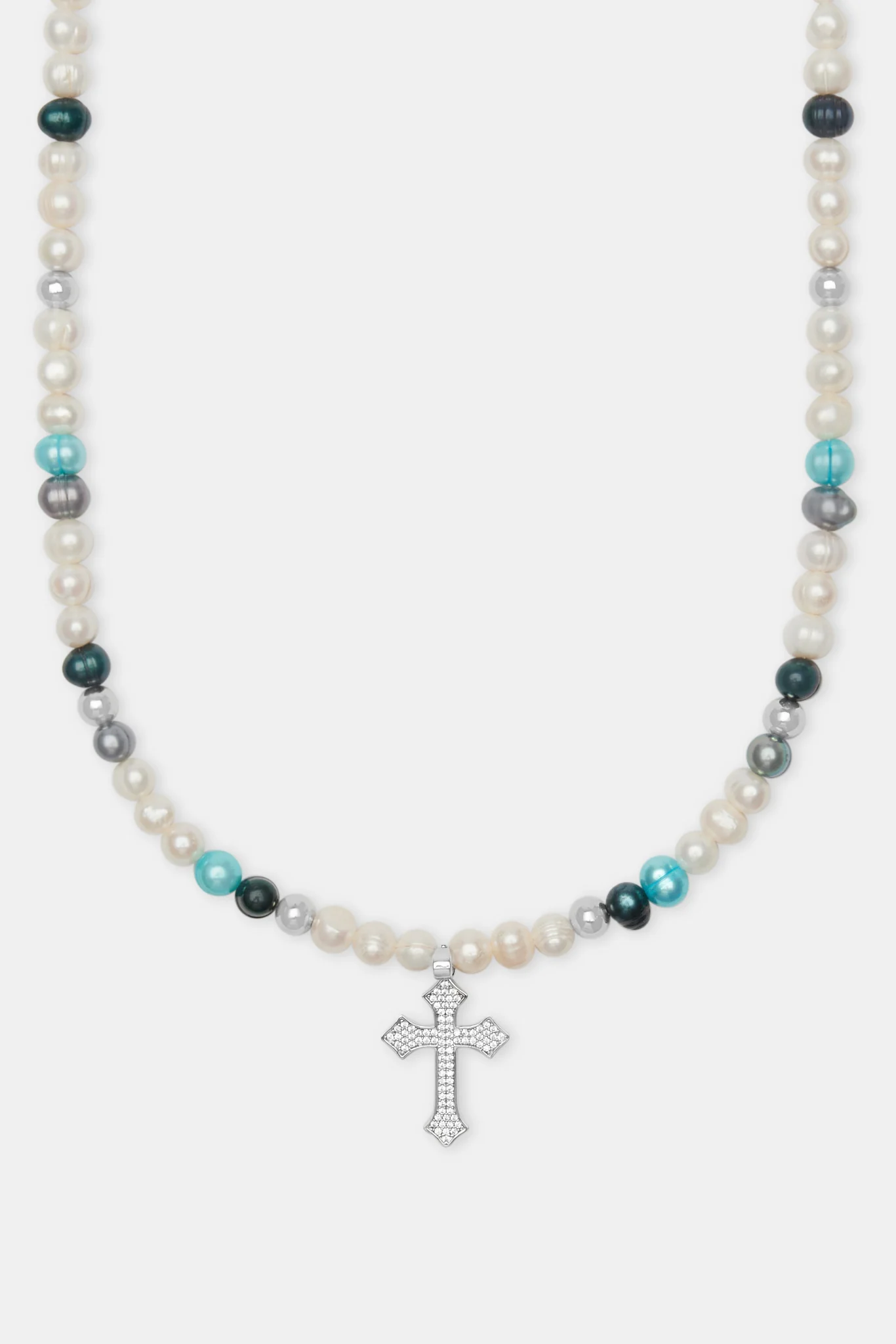 Blue Bead & Cross Freshwater Pearl Necklace - Image 2