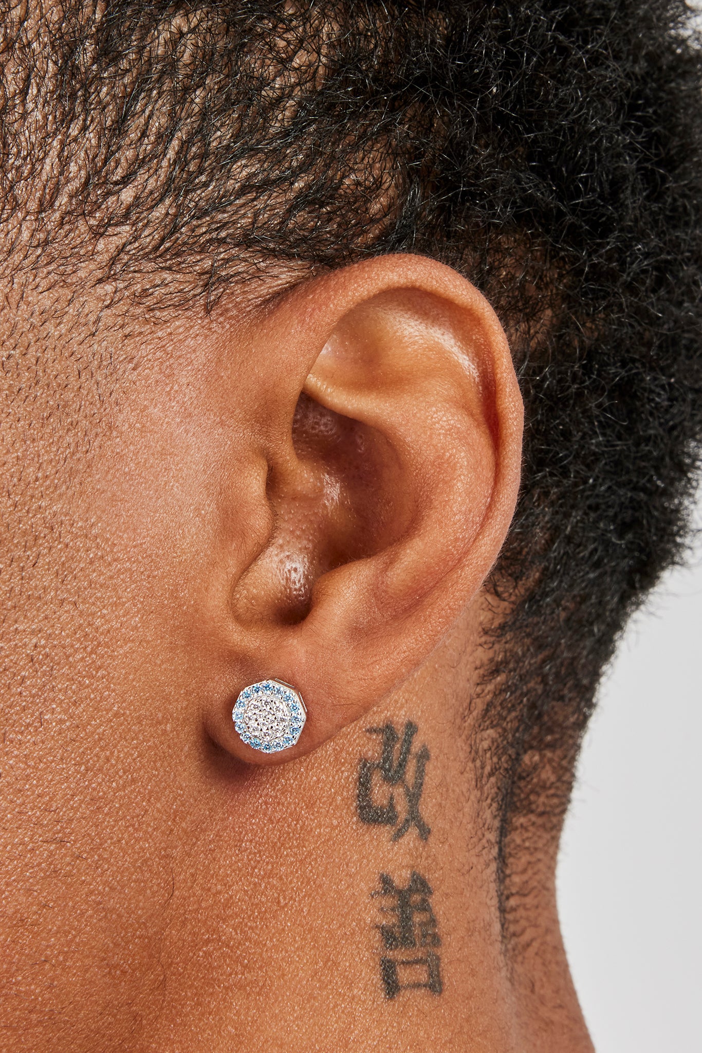 Blue Edge Iced CZ Shape Stud Earrings - 8mm - Image 2