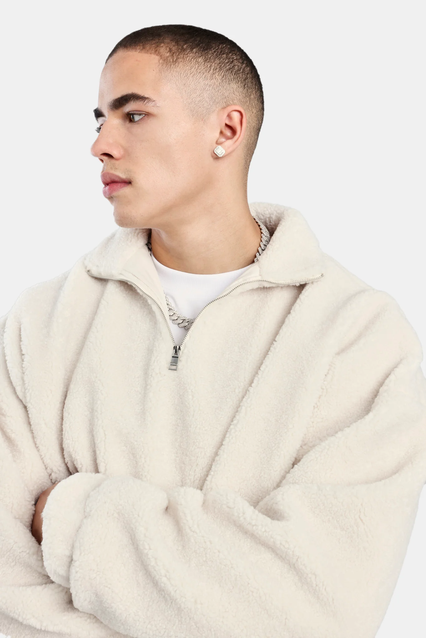 Borg Half Zip Sweatshirt - Off White - Image 3