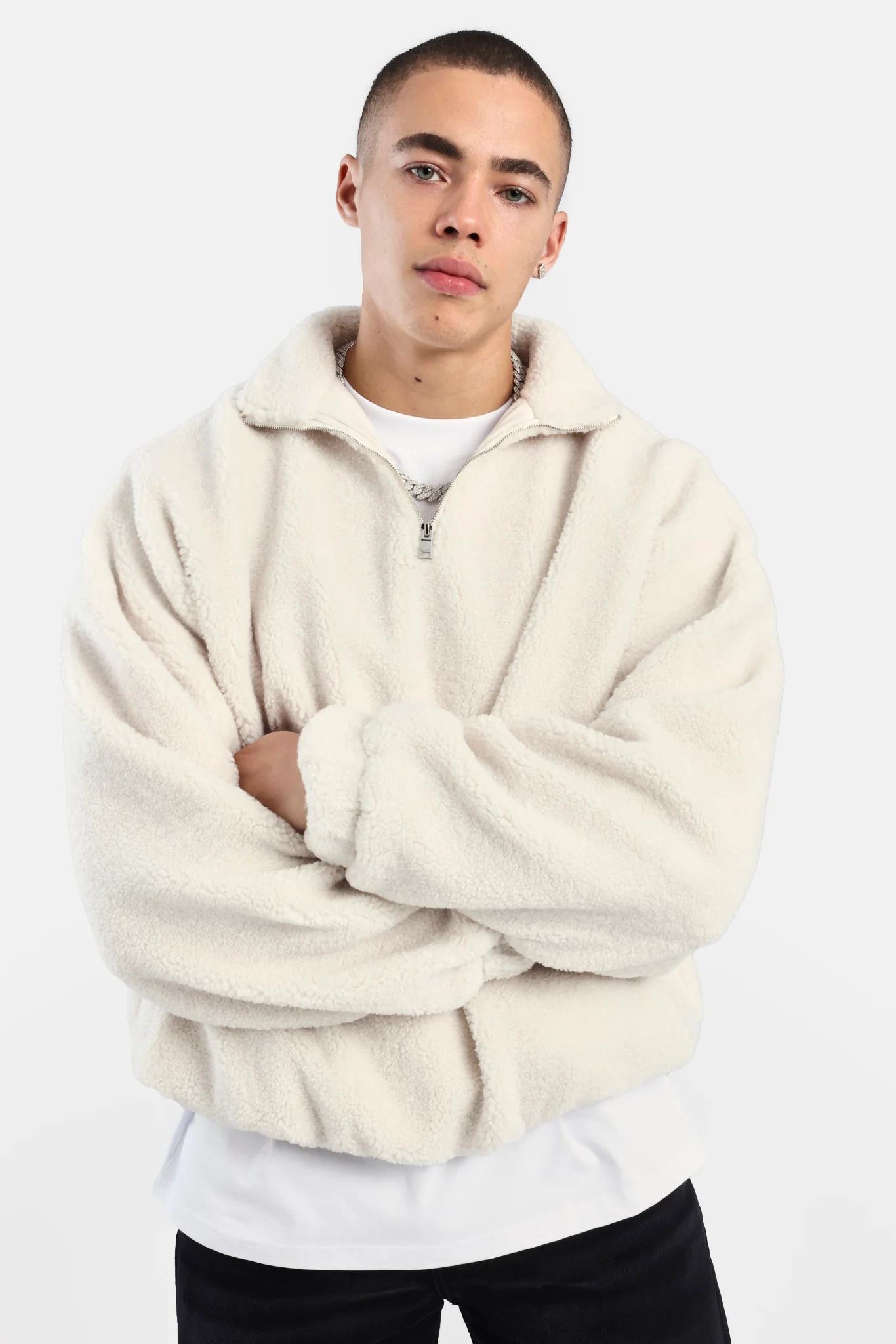 Borg Half Zip Sweatshirt - Off White - Image 4
